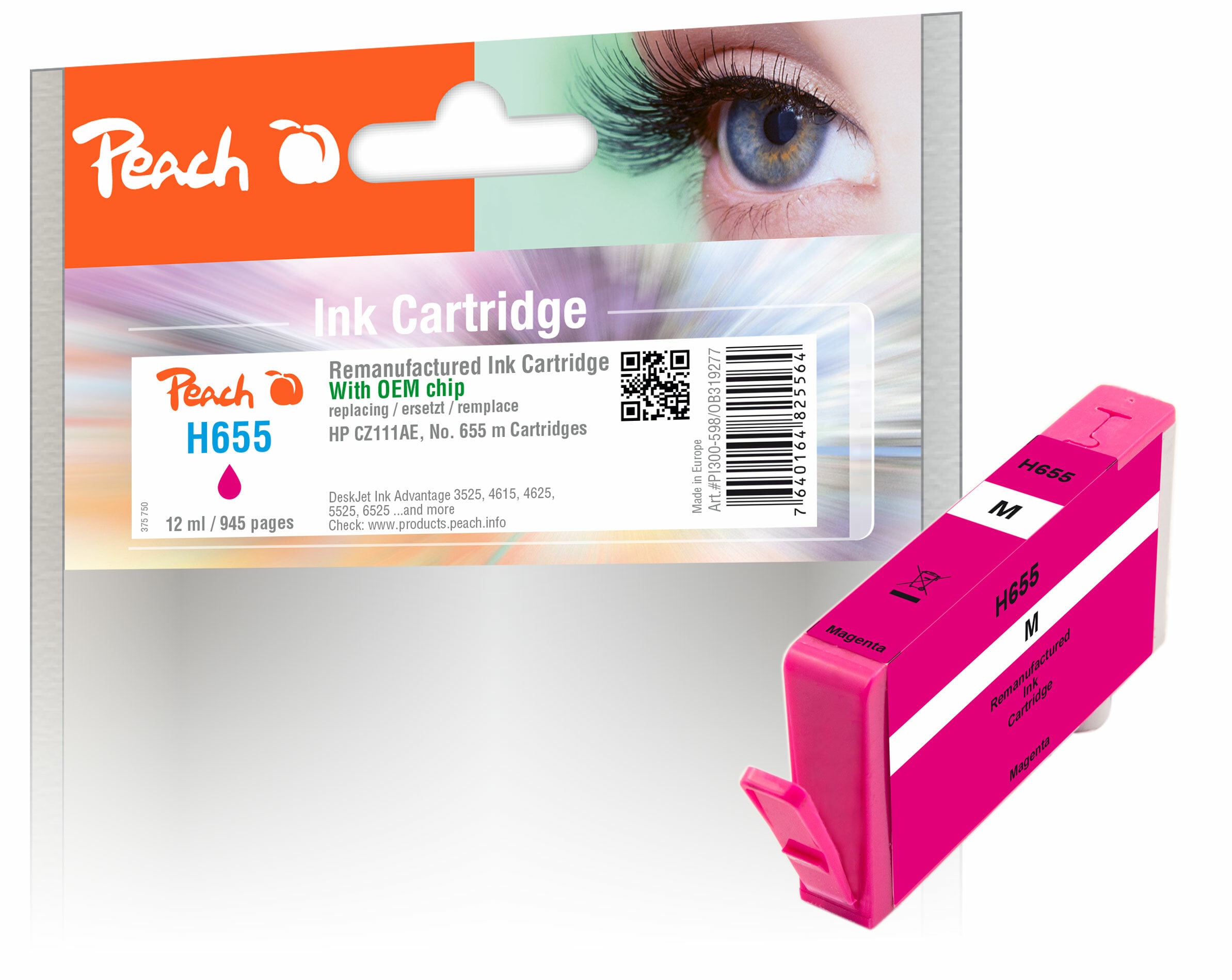 Peach HP 655 m Druckerpatrone ma ersetzt HP No. 655 m, CZ111AE f&uuml;r z.B. HP DeskJet Ink Advantage 3525, HP DeskJet Ink Advantage 4615 (wiederaufbereitet) - Bild 1