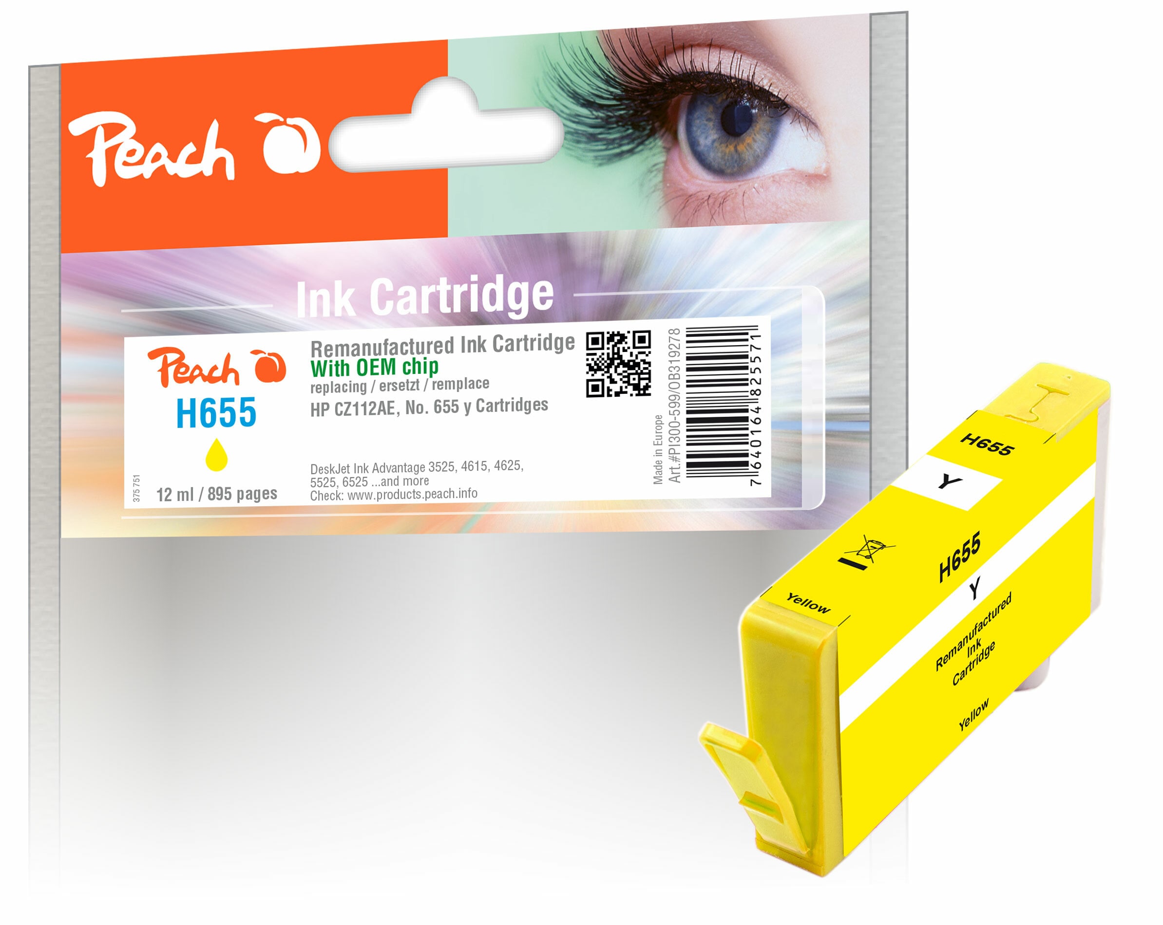 Peach HP 655 y Druckerpatrone ye ersetzt HP No. 655 y, CZ112AE f&uuml;r z.B. HP DeskJet Ink Advantage 3525, HP DeskJet Ink Advantage 4615 (wiederaufbereitet) - Bild 1