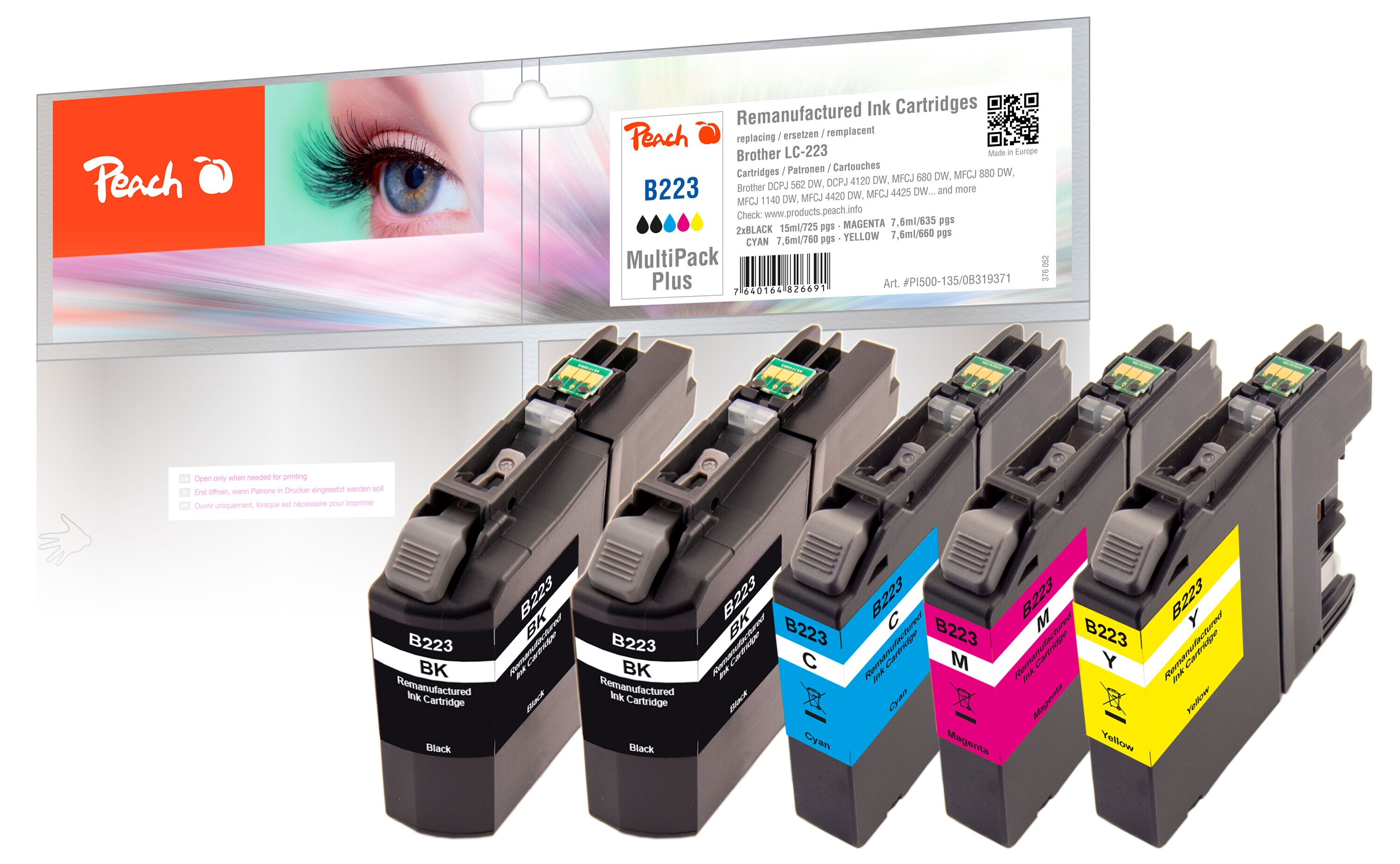 Peach B223 VALBP Spar Plus Pack Druckerpatronen XL (2*bk, c/m/y) ersetzt Brother LC-223VALBP f&uuml;r z.B. Brother MFCJ 480 DW, Brother MFCJ 4625 DW (wiederaufbereitet) - Bild 1