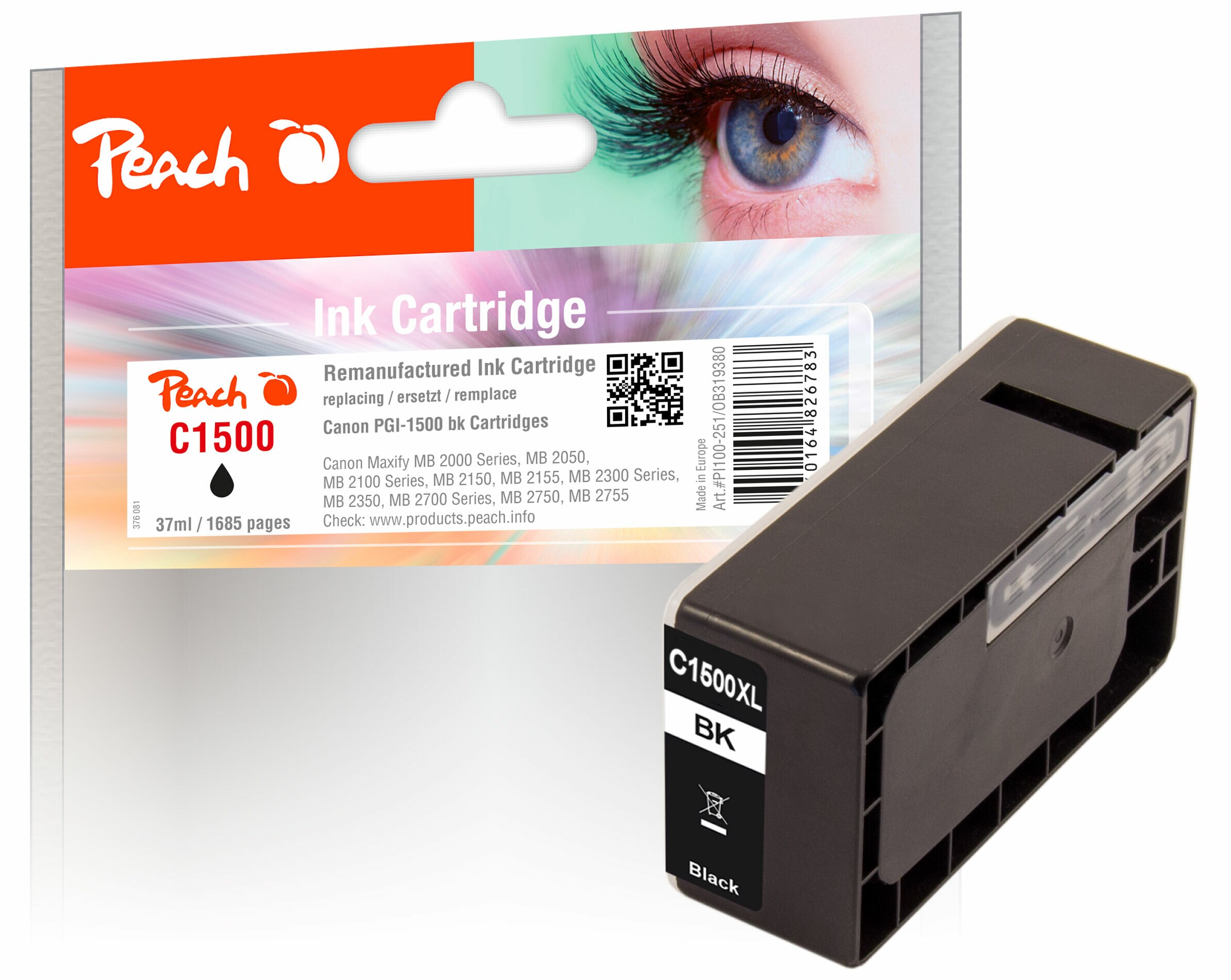 Peach C1500 XLBK Druckerpatrone XL bk ersetzt Canon PGI-1500XLBK, 9182B001 f&uuml;r z.B. Canon Maxify MB 2350, Canon Maxify MB 2750 (wiederaufbereitet) - Bild 1