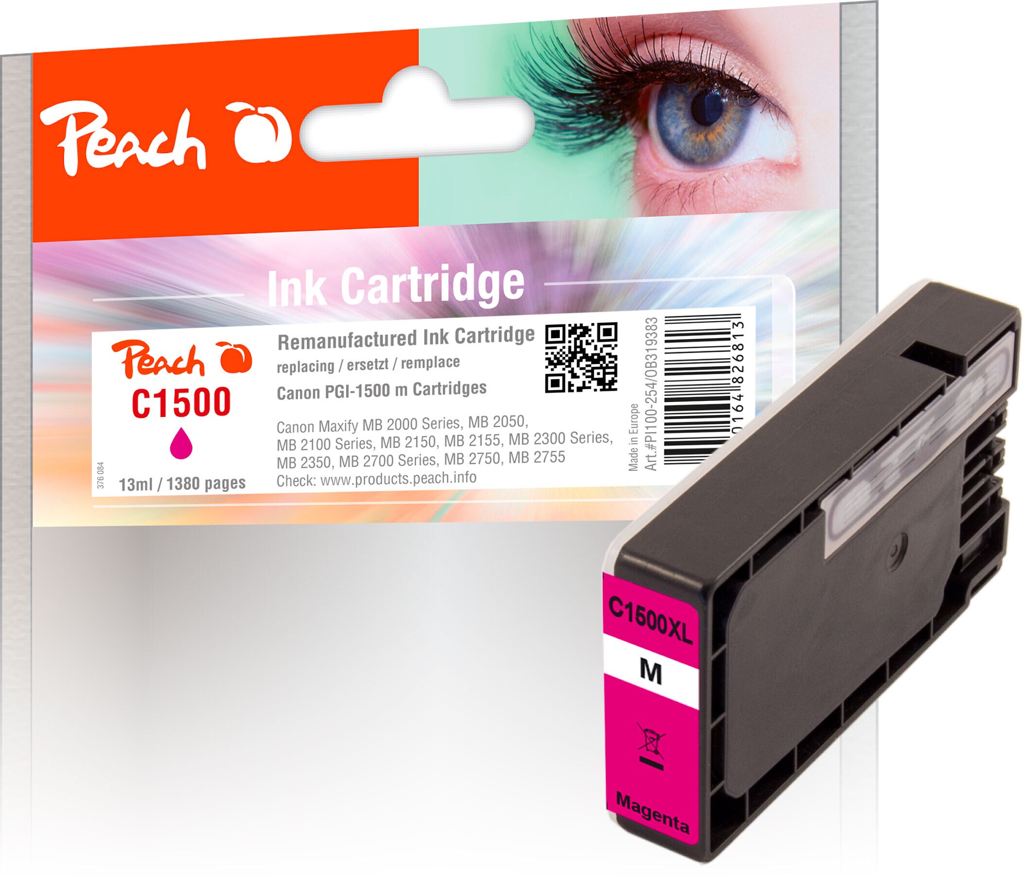 Peach C1500 XLM Druckerpatrone XL ma ersetzt Canon PGI-1500XLM, 9194B001 f&uuml;r z.B. Canon Maxify MB 2350, Canon Maxify MB 2750, Canon Maxify MB 2000 (wiederaufbereitet) - Bild 1