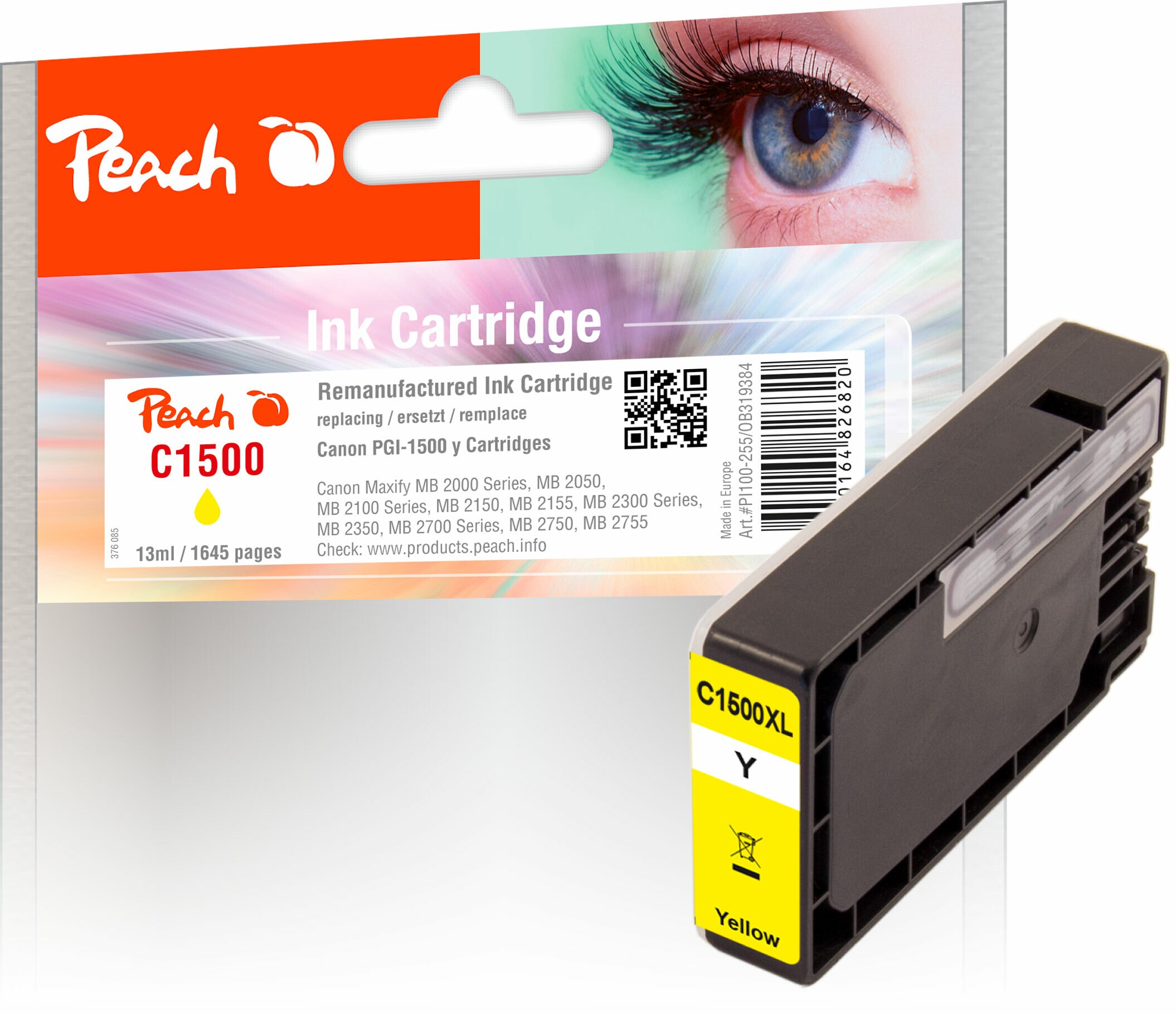 Peach C1500 XLY Druckerpatrone XL ye ersetzt Canon PGI-1500XLY, 9195B001 f&uuml;r z.B. Canon Maxify MB 2350, Canon Maxify MB 2750, Canon Maxify MB 2100 (wiederaufbereitet) - Bild 1