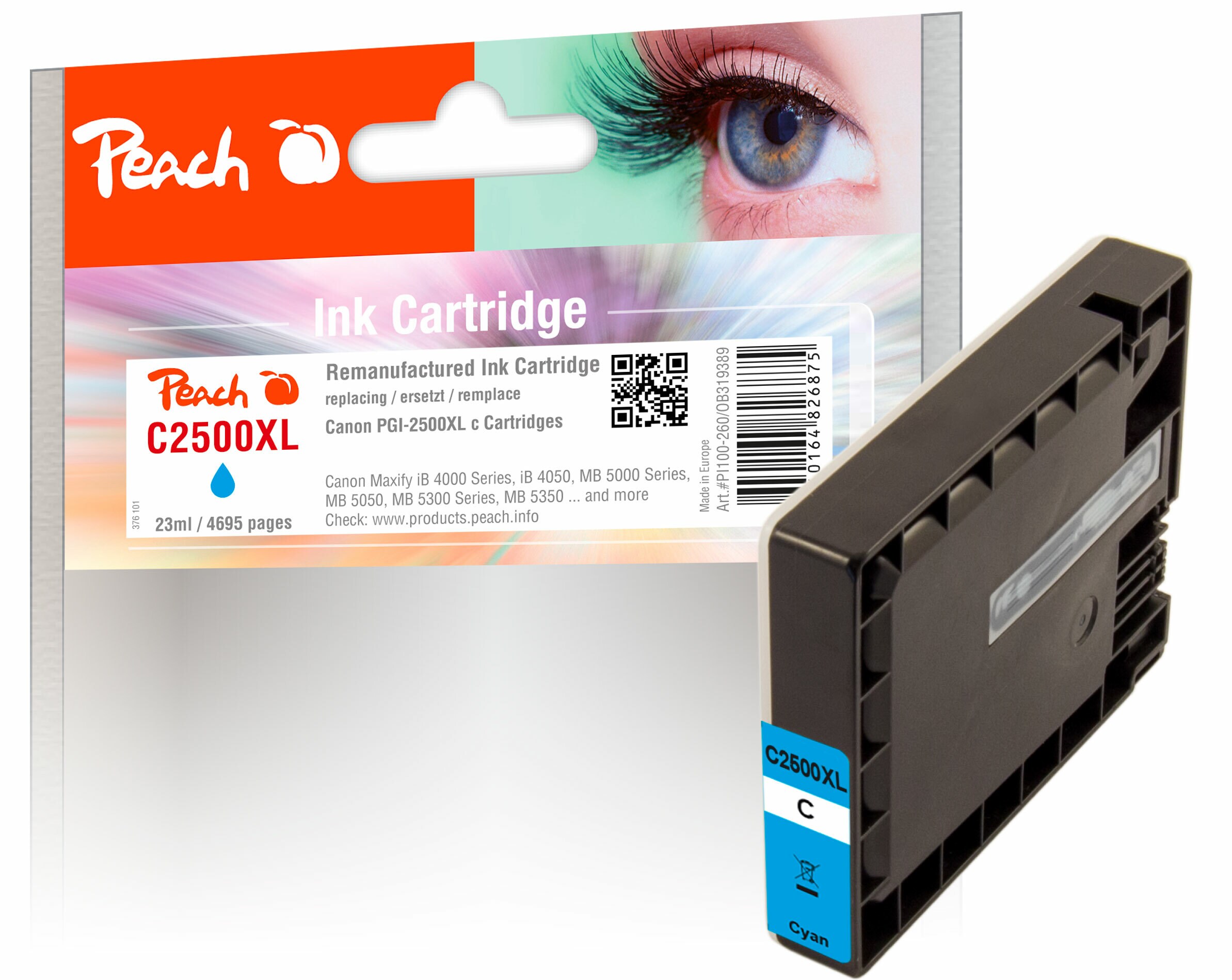Peach C2500 XLC Druckerpatrone XL cy ersetzt Canon PGI-2500XLC, 9265B001 f&uuml;r z.B. Canon Maxify MB 5050, Canon Maxify iB 4000, Canon Maxify iB 4050 (wiederaufbereitet) - Bild 1