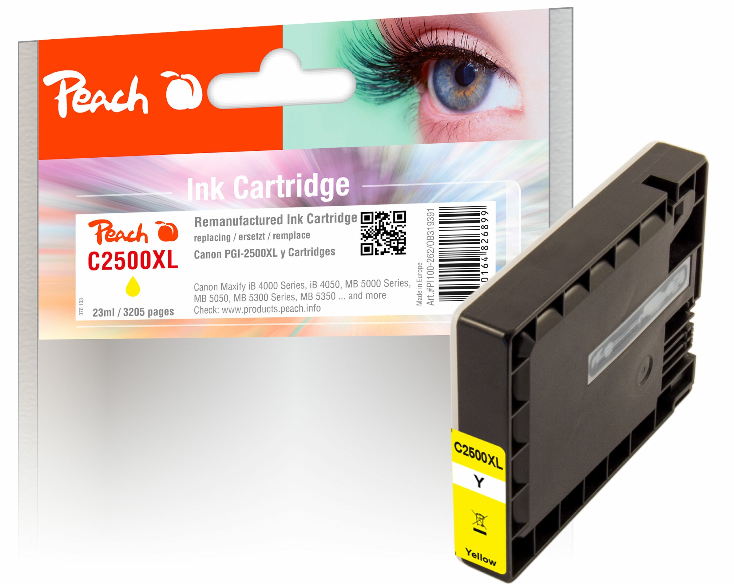 Peach C2500 XLY Druckerpatrone XL ye ersetzt Canon PGI-2500XLY, 9267B001 f&uuml;r z.B. Canon Maxify MB 5050, Canon Maxify iB 4000, Canon Maxify iB 4050 (wiederaufbereitet) - Bild 1