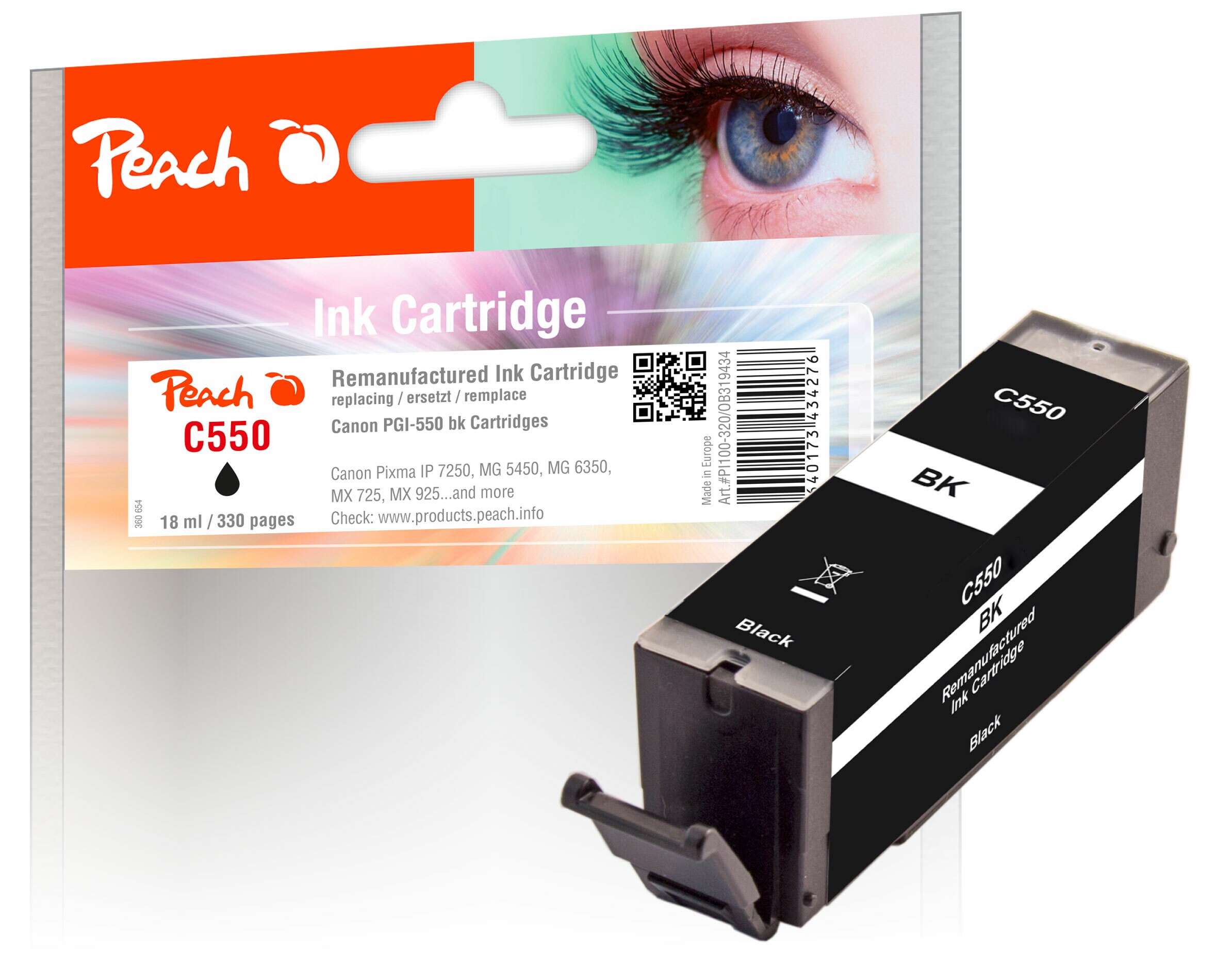 Peach C550 PGBK Druckerpatrone bk ersetzt Canon PGI-550PGBK, 6496B001 f&uuml;r z.B. Canon Pixma MX 925, Canon Pixma IP 7200, Canon Pixma IX 6850 (wiederaufbereitet) - Bild 1