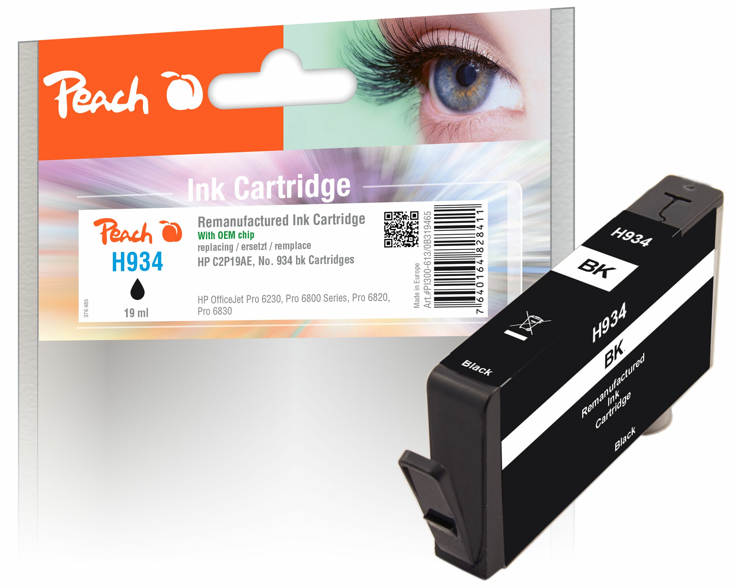 Peach HP 934 bk Druckerpatrone bk ersetzt HP No. 934 bk, C2P19A f&uuml;r z.B. HP OfficeJet 6800, HP OfficeJet Pro 6230, HP OfficeJet Pro 6830 (wiederaufbereitet) - Bild 1