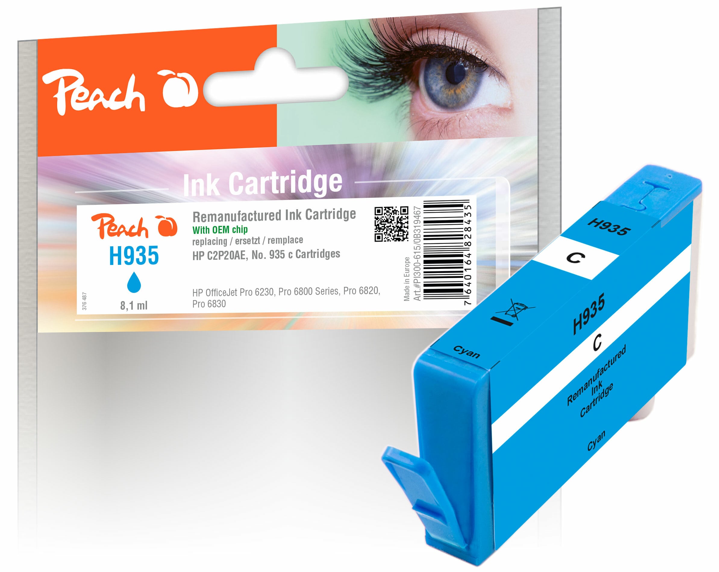 Peach HP 935 c Druckerpatrone cy ersetzt HP No. 935 c, C2P20A f&uuml;r z.B. HP OfficeJet Pro 6230, HP OfficeJet Pro 6830, HP OfficeJet 6815 (wiederaufbereitet) - Bild 1