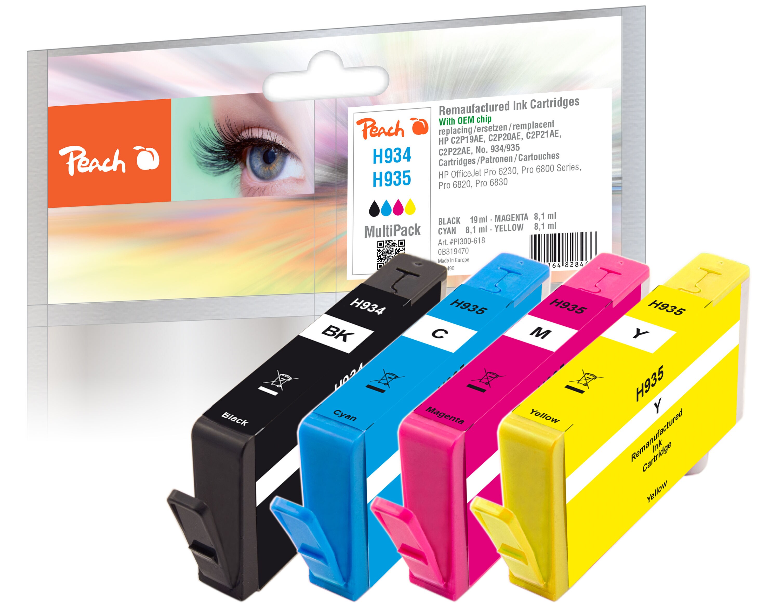 Peach HP 934  4 Druckerpatronen (bk, c/m/y) ersetzt HP No. 934, No. 935, C2P19A, C2P20A, C2P21A, C2P22A f&uuml;r z.B. HP OfficeJet 6800, HP OfficeJet 6815 (wiederaufbereitet) - Bild 1