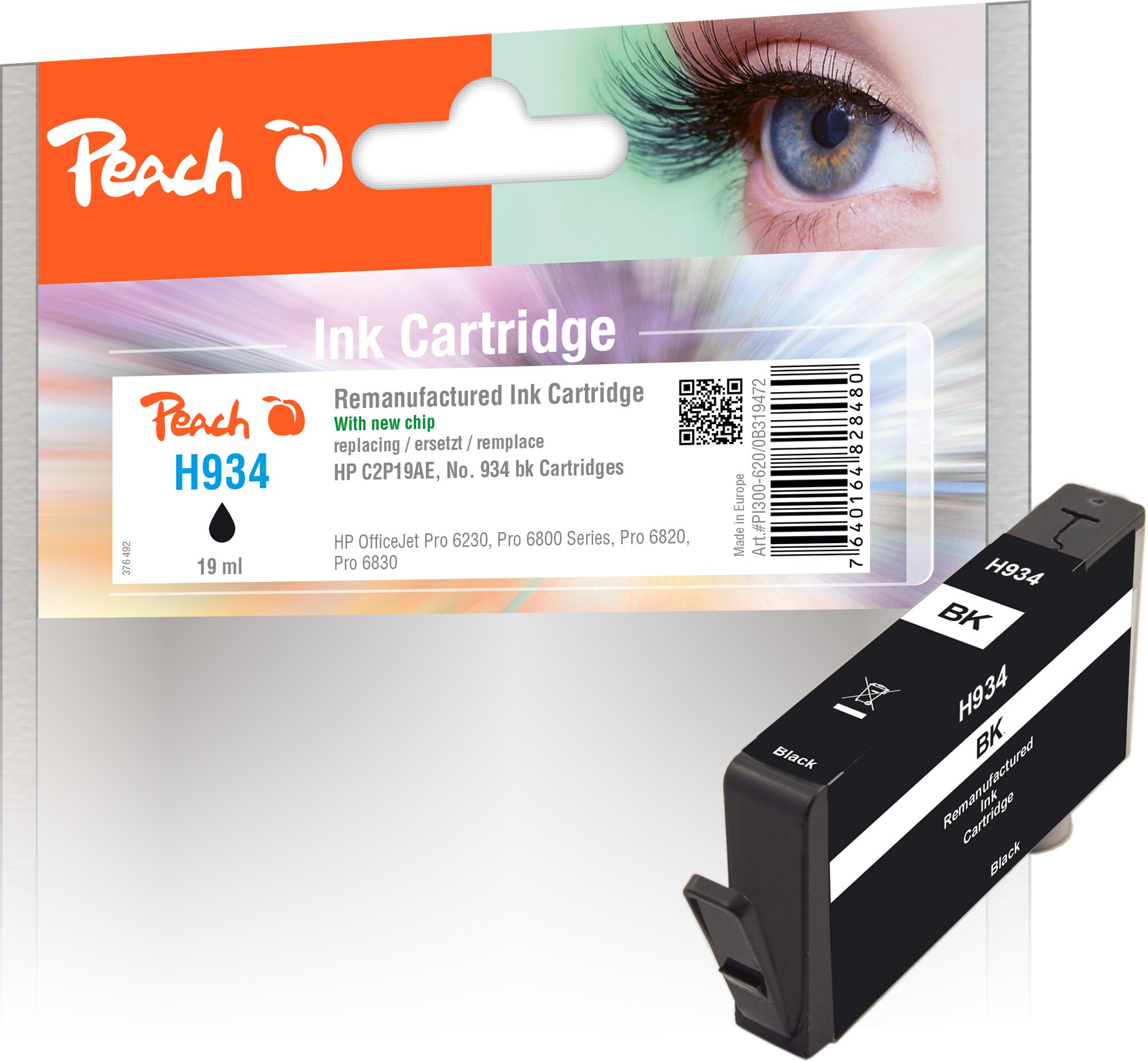 Peach HP 934 bk Druckerpatrone bk ersetzt HP No. 934 bk, C2P19A f&uuml;r z.B. HP OfficeJet Pro 6830, HP OfficeJet Pro 6230, HP OfficeJet 6815 (wiederaufbereitet) - Bild 1