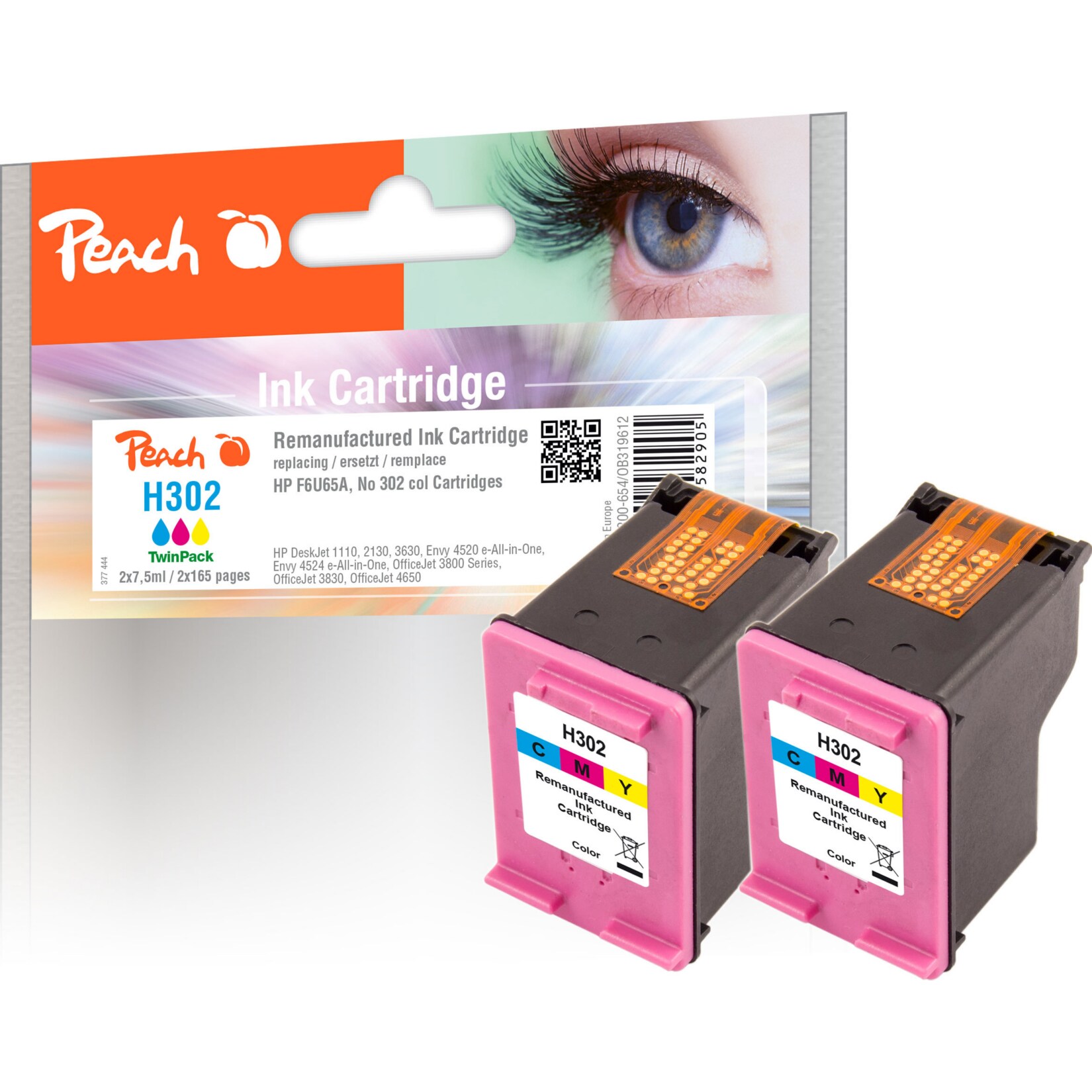 Peach HP 302 c 2 Druckköpfe 2*col ersetzt HP No. 302 c*2, F6U65AE*2 für z.B. HP DeskJet 3630, HP Envy 4525 e-All-in-One, HP OfficeJet 3831 (wiederaufbereitet) | 07640169582905