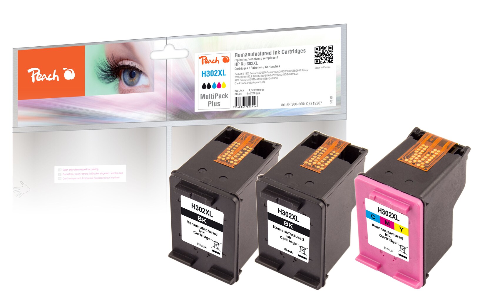 Peach HP 302 XL 3 Druckköpfe XL (2*bk, col) ersetzt HP No. 302XL, F6U68AE, F6U67AE für z.B. HP OfficeJet 3833, HP OfficeJet 5232, HP OfficeJet 4658 (wiederaufbereitet)