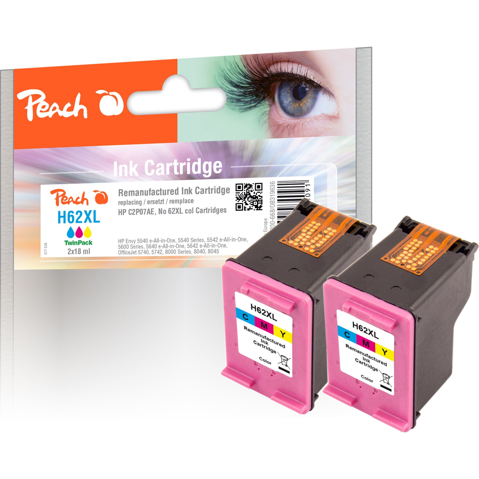 Peach HP 62 XLc 2 Druckköpfe XL 2*col ersetzt HP No. 62XL c*2, C2P07AE*2 für z.B. HP Envy 7640 e-All-in-One, HP Envy 5640 e-All-in-One, HP Envy 5540 (wiederaufbereitet) | 07640169584091