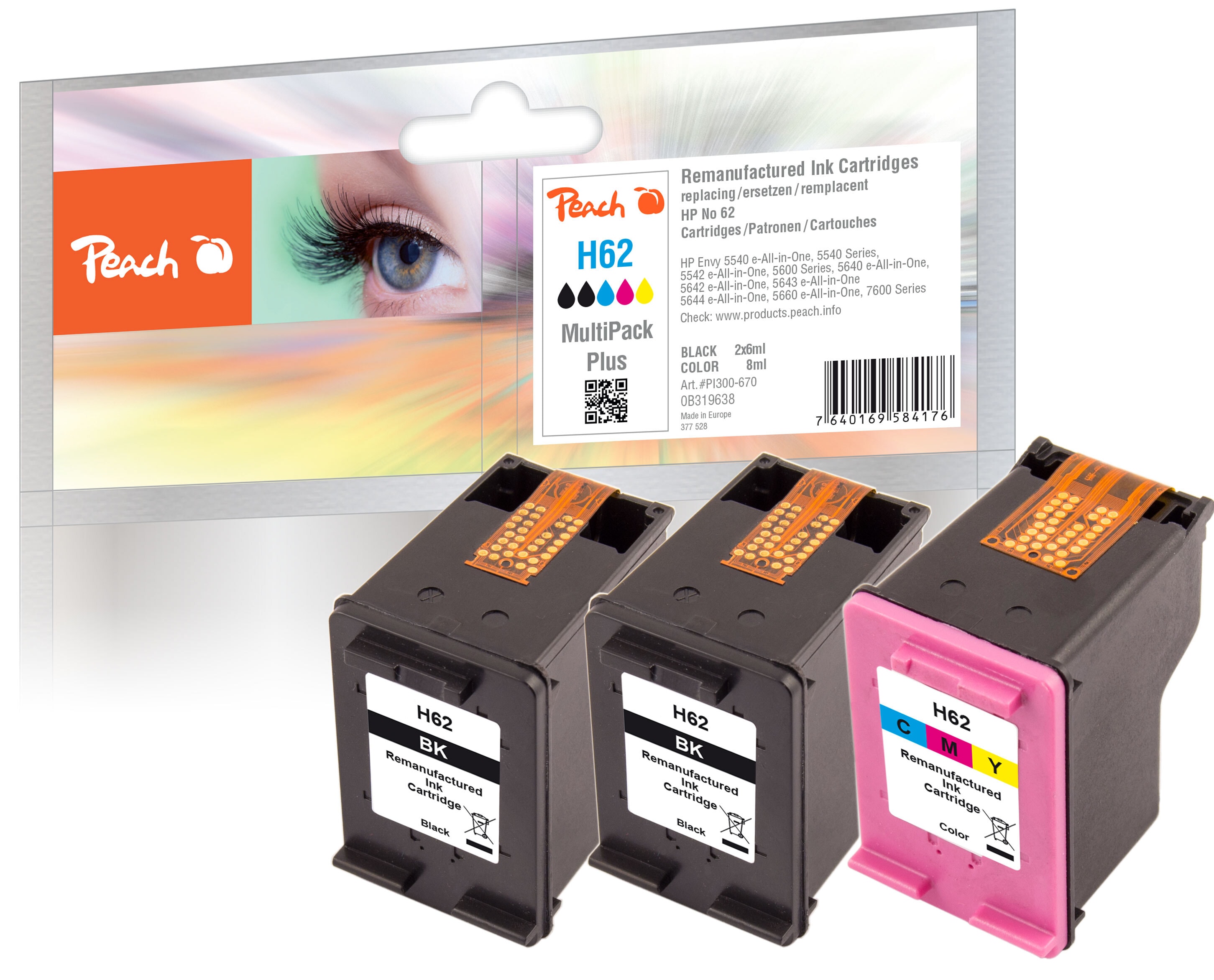 Peach HP 62  3 Druckk&ouml;pfe (2*bk, col) ersetzt HP No. 62, C2P04AE*2, C2P06AE f&uuml;r z.B. HP Envy 5640 e-All-in-One, HP Envy 7640 e-All-in-One, HP Envy 7600 (wiederaufbereitet) - Bild 1