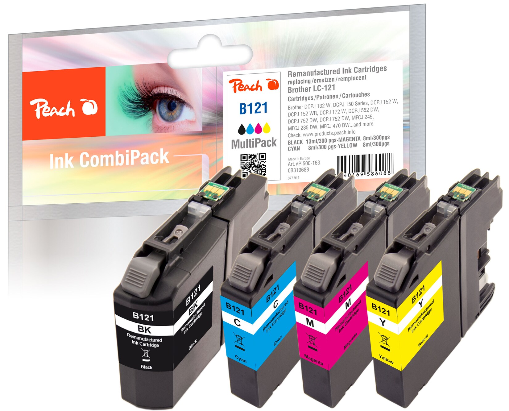Peach B121 VALBP 4 Druckerpatronen (bk, c/m/y) ersetzt Brother LC-121VALBP für z.B. Brother DCPJ 552 DW, Brother DCPJ 132 W, Brother DCPJ 150 (wiederaufbereitet) | 07640169586088