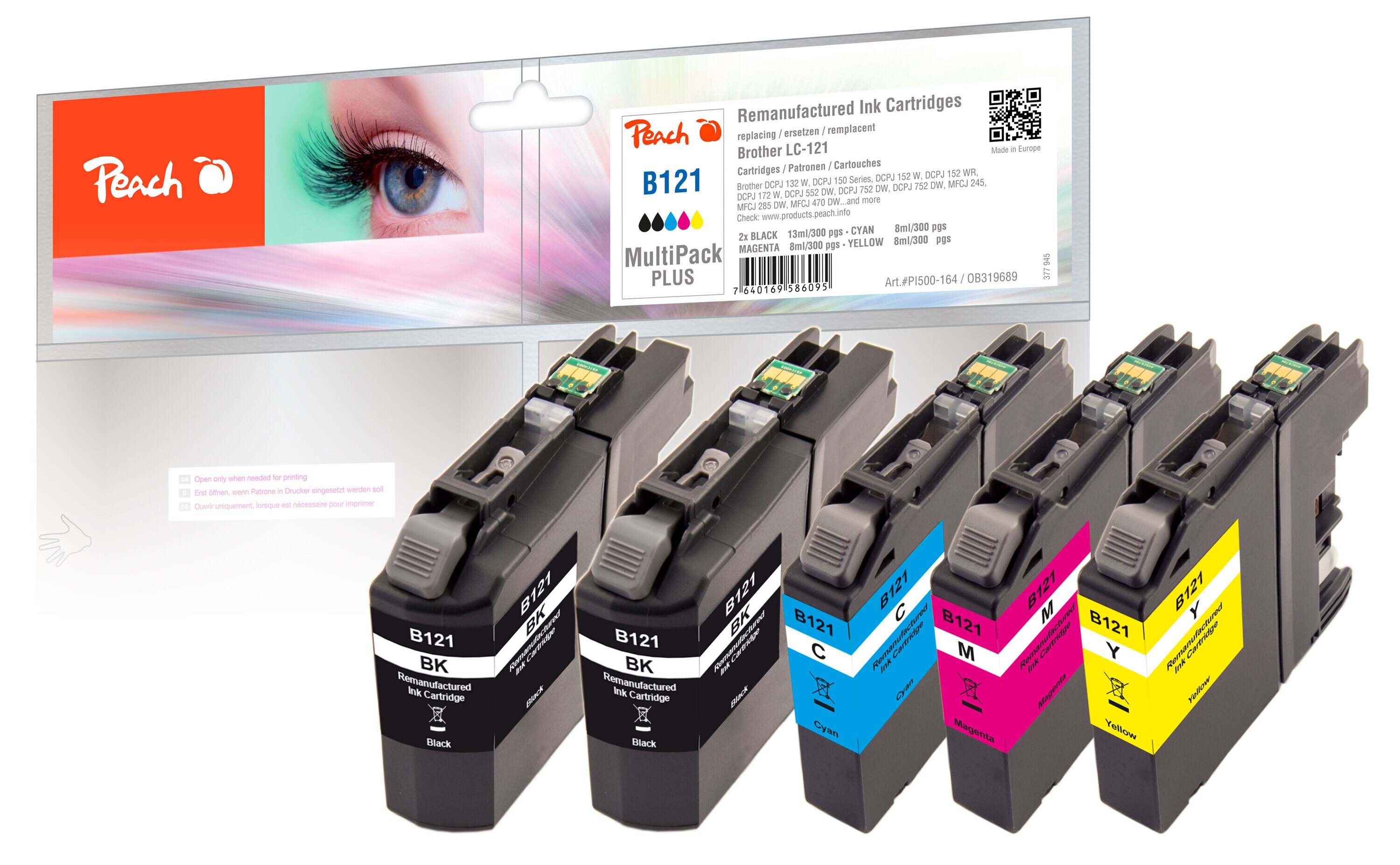 Peach B121 VALBP Spar Plus Pack Druckerpatronen (2*bk, c/m/y) ersetzt Brother LC-121VALBP f&uuml;r z.B. Brother DCPJ 552 DW, Brother DCPJ 752 DW (wiederaufbereitet) - Bild 1