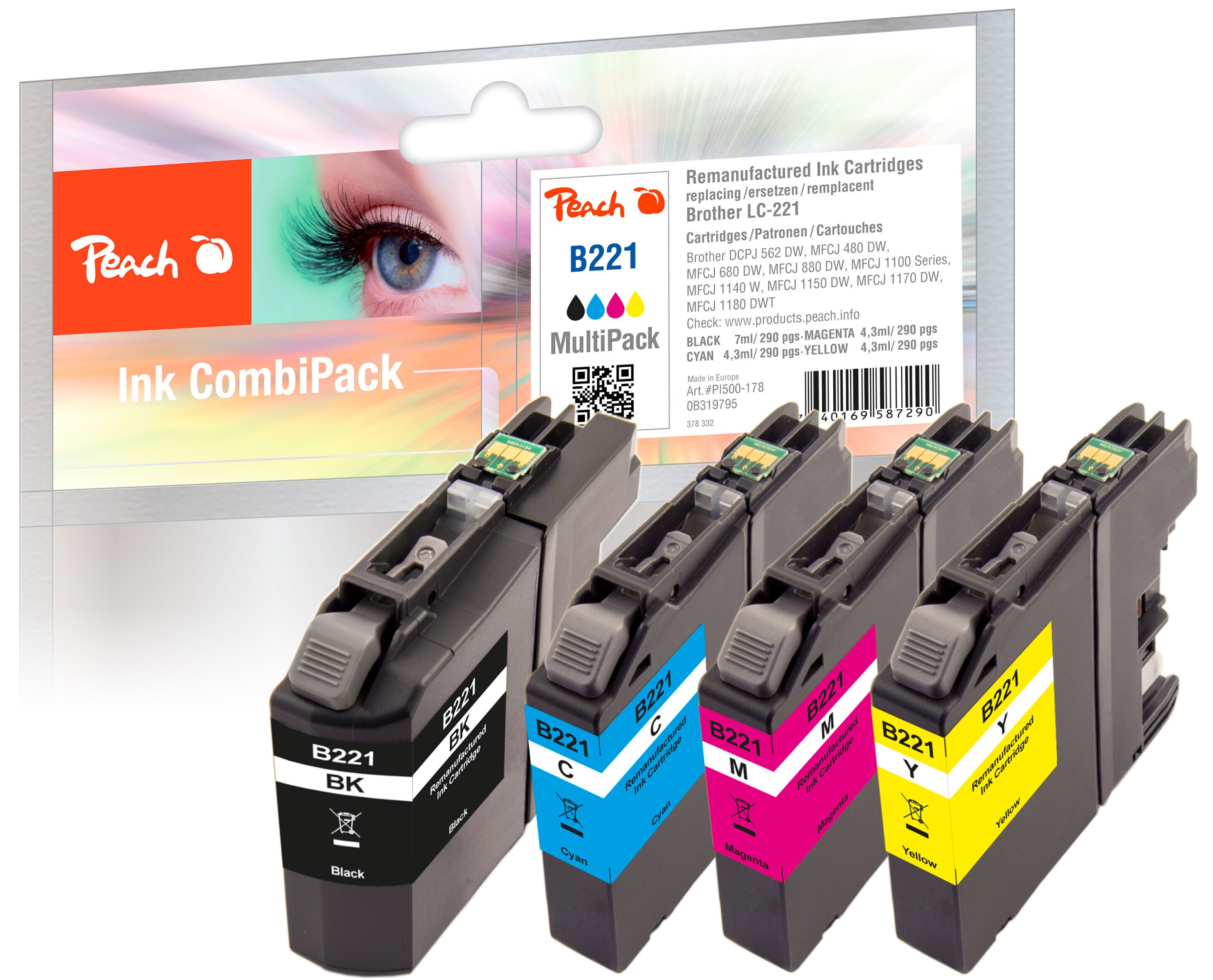 Peach B221 VALBP 4 Druckerpatronen (bk, c/m/y) ersetzt Brother LC-221VALBP f&uuml;r z.B. Brother DCPJ 562 DW, Brother MFCJ 480 DW, Brother MFCJ 1100 (wiederaufbereitet) - Bild 1