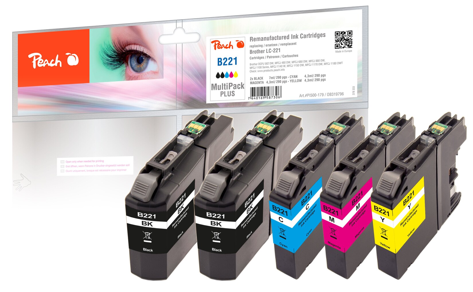 Peach B221 VALBP Spar Plus Pack Druckerpatronen (2*bk, c/m/y) ersetzt Brother LC-221VALBP für z.B. Brother MFCJ 880 DW, Brother MFCJ 480 DW (wiederaufbereitet) | 07640169587306