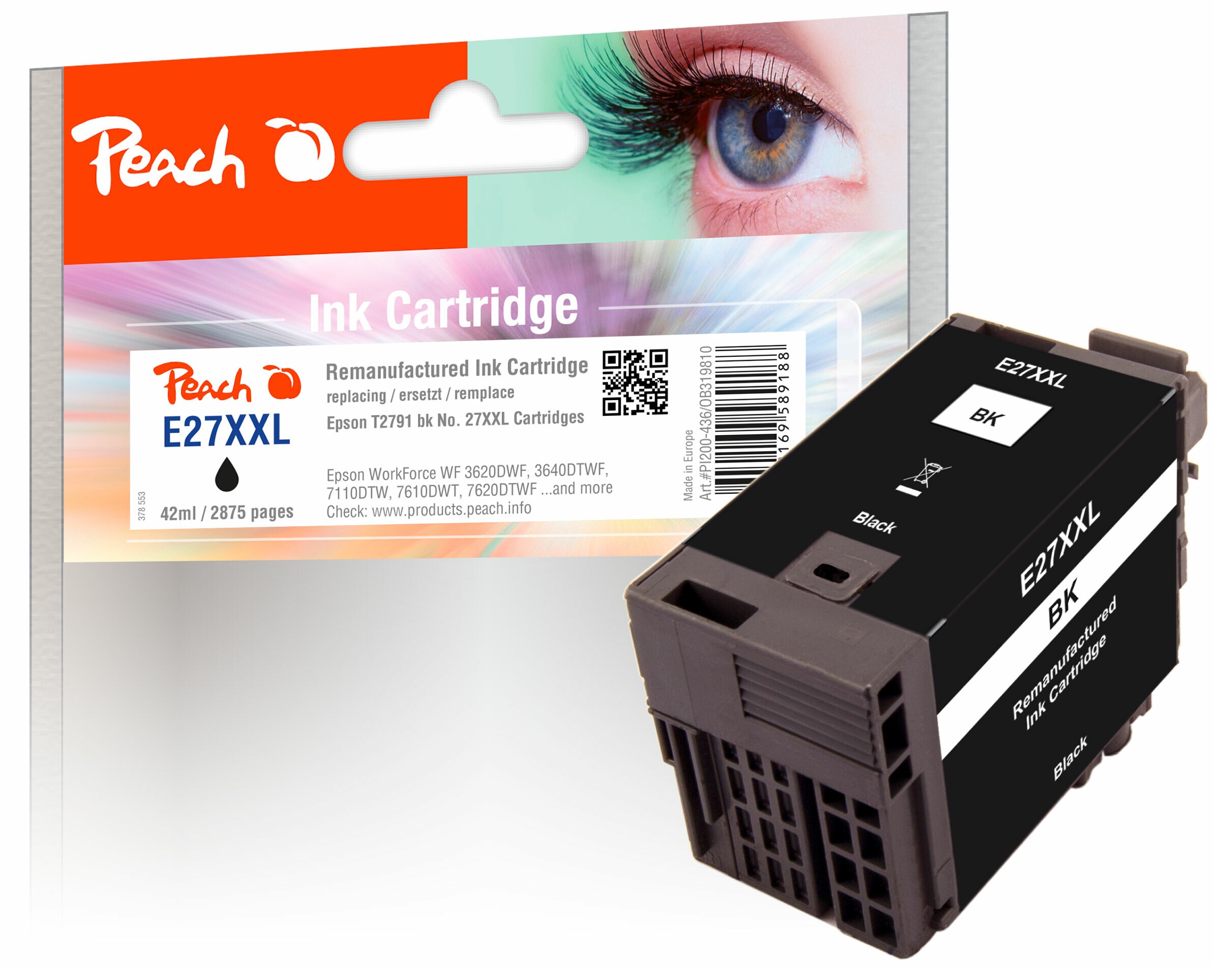 Peach E27  Druckerpatrone XL bk ersetzt Epson T2791, No. 27XXL bk, C13T27914010 f&uuml;r z.B. Epson WorkForce WF -3600, Epson WorkForce WF -3620 DWF (wiederaufbereitet) - Bild 1