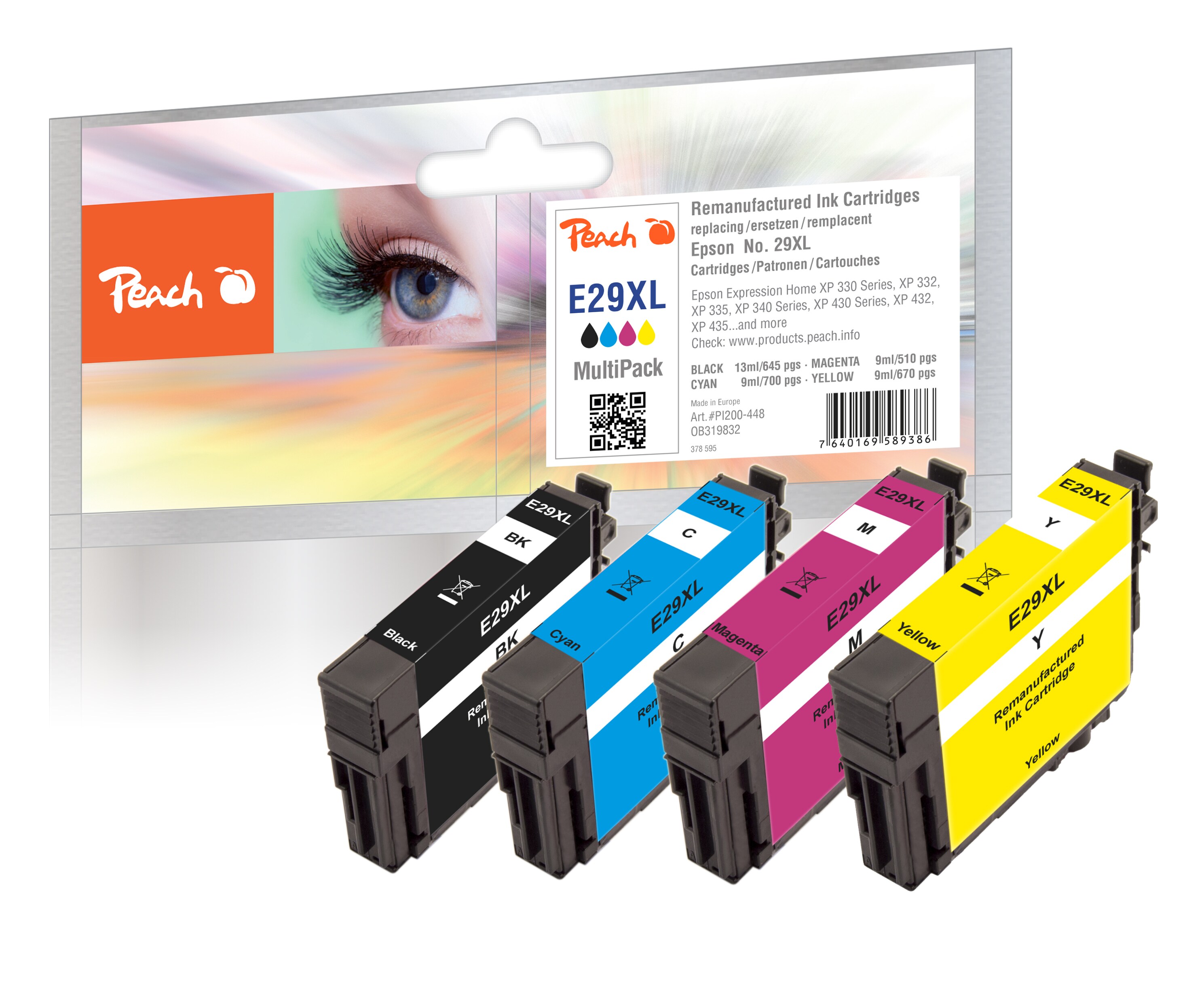 Peach E29  4 Druckerpatronen XL (bk, c/m/y) ersetzt Epson T2996, No. 29XL, C13T29964010 f&uuml;r z.B. Epson Expression Home XP -235 (wiederaufbereitet) - Bild 1