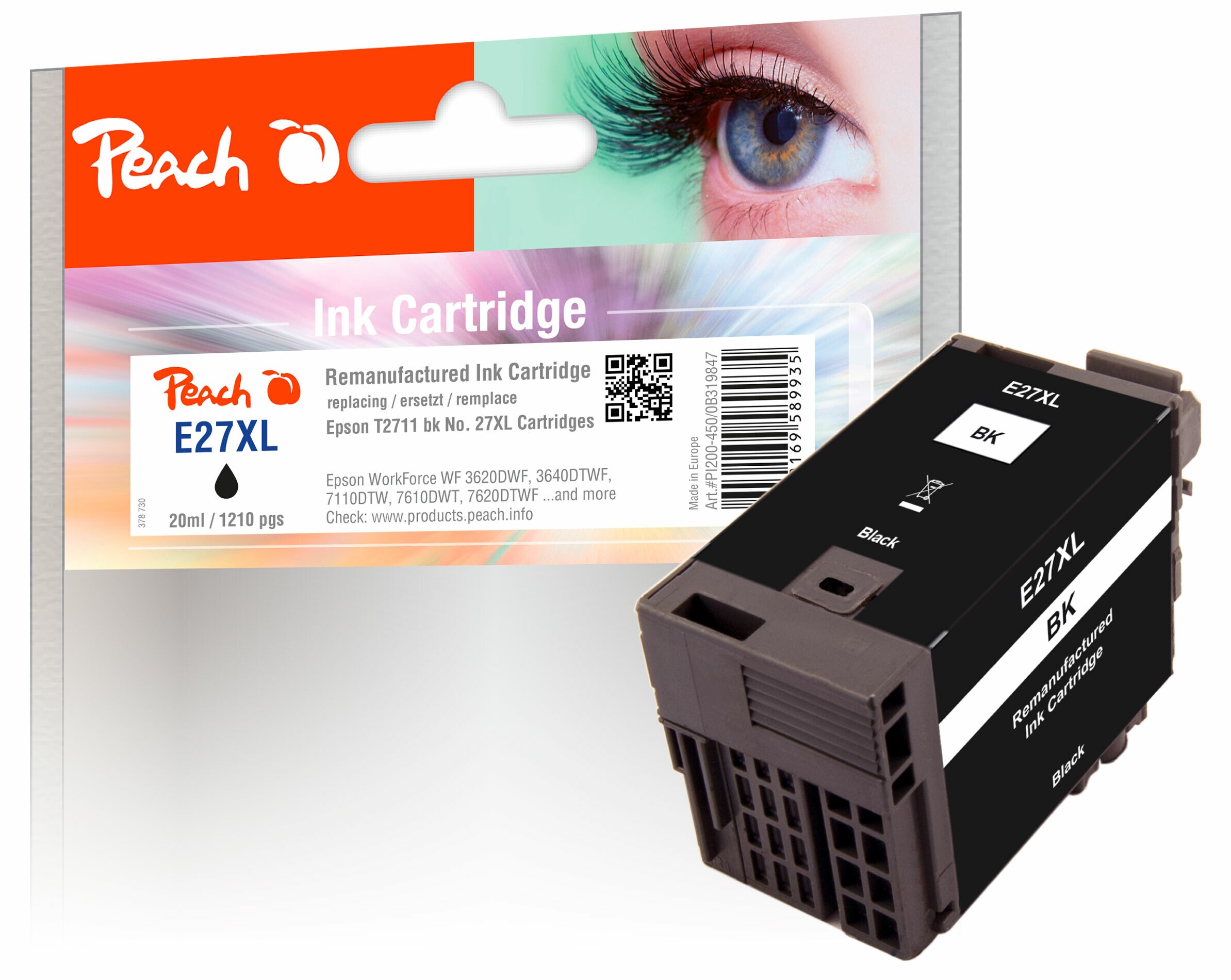 Peach E27  Druckerpatrone XL bk ersetzt Epson T2711, No. 27XL bk, C13T27114010 f&uuml;r z.B. Epson WorkForce WF -3600, Epson WorkForce WF -3620 DWF (wiederaufbereitet) - Bild 1
