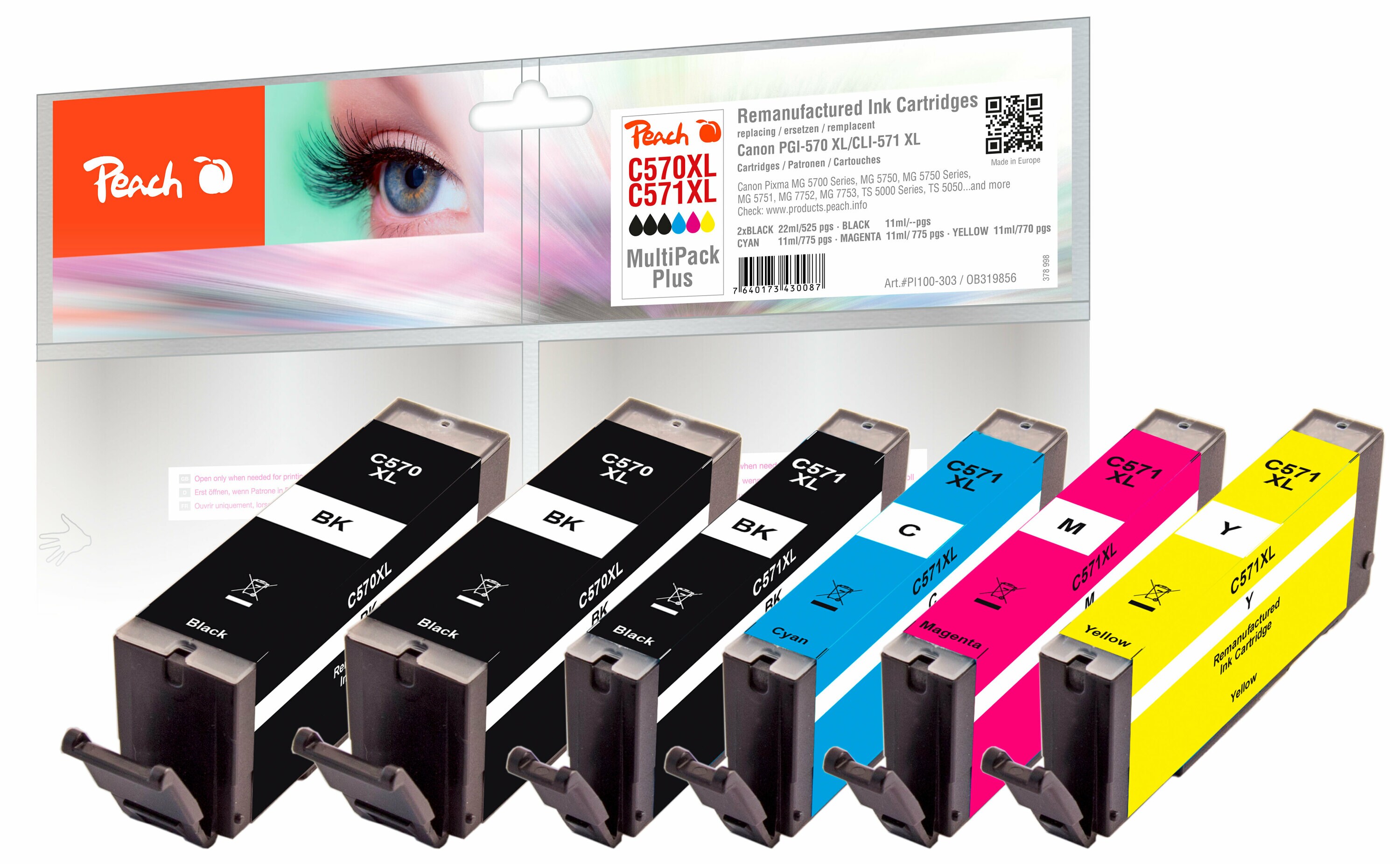Peach C570 XL 6 Druckerpatronen XL (2*bk, bkph, c/m/y) ersetzt Canon PGI-570XL*2, CLI-571XL f&uuml;r z.B. Canon Pixma MG 5750, Canon Pixma TS 5050 (wiederaufbereitet) - Bild 1