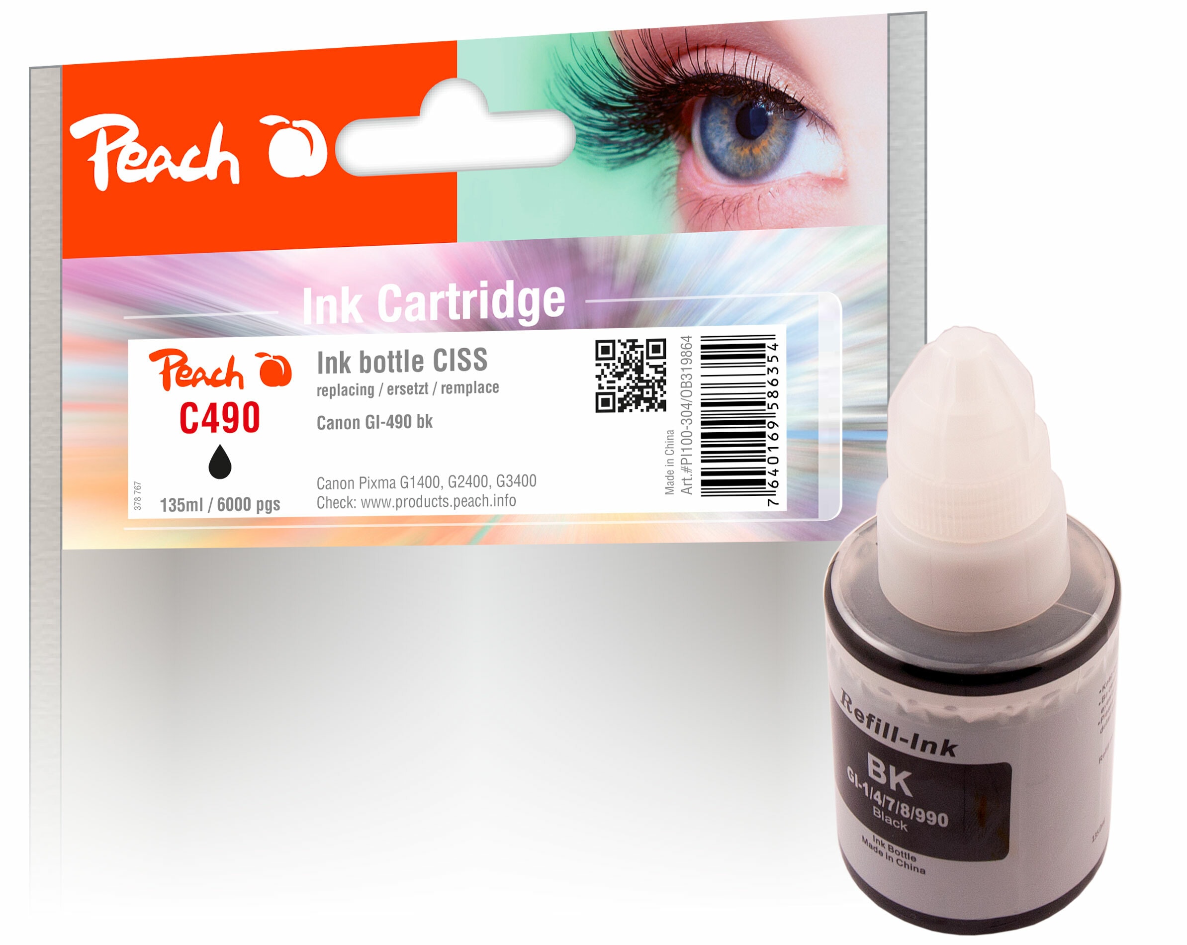 Peach C490 BK Tintenbeh&auml;lter pigm. bk ersetzt Canon GI-490BK, 0663C001 f&uuml;r z.B. Canon Pixma G 1400, Canon Pixma G 2400, Canon Pixma G 3400 - Bild 1