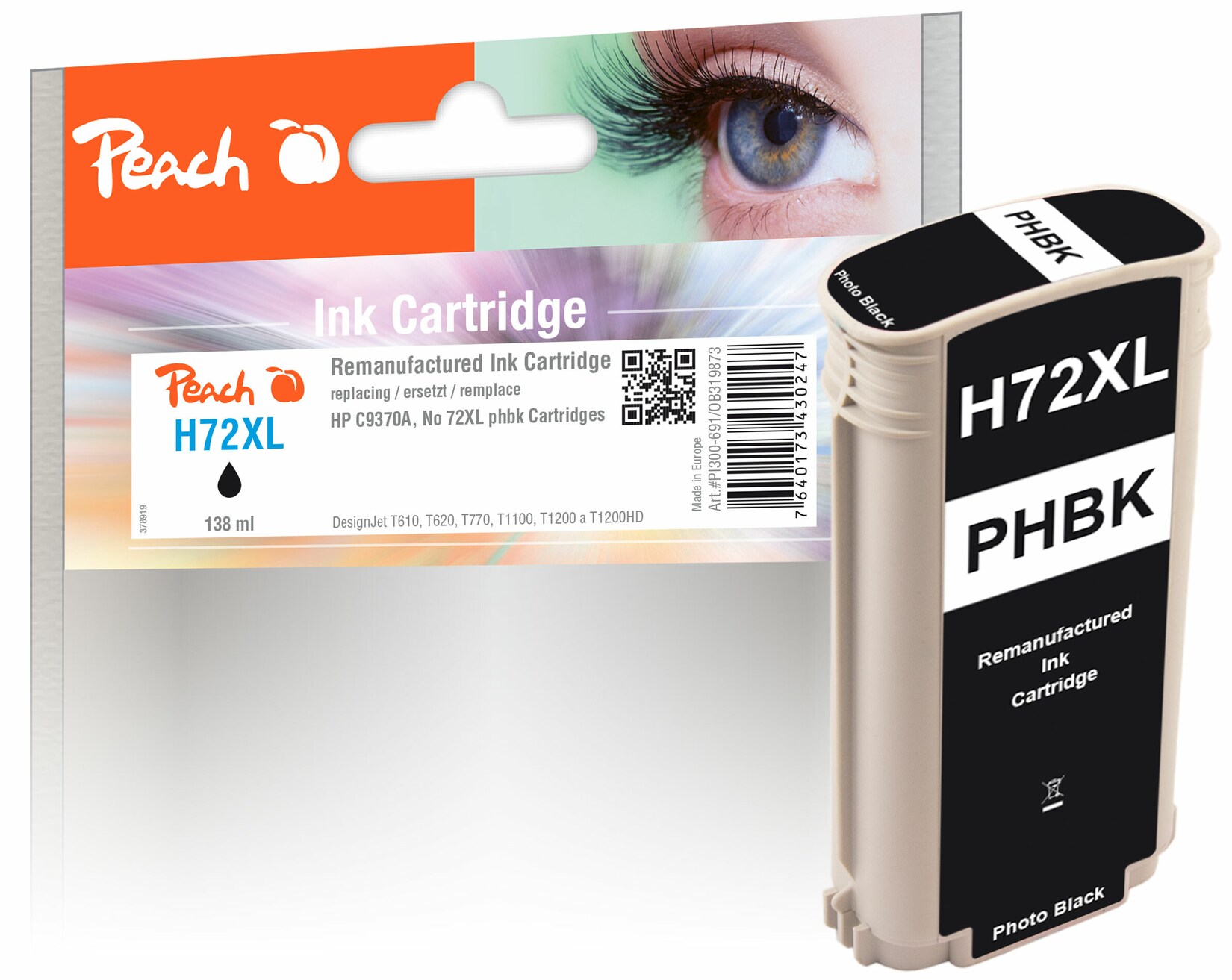 Peach HP 72 XLPBK Druckerpatrone XL bkph ersetzt HP No. 72XL PBK, C9370A für z.B. HP DesignJet T 1100 24 Inch, HP DesignJet T 1100 44 Inch (wiederaufbereitet)