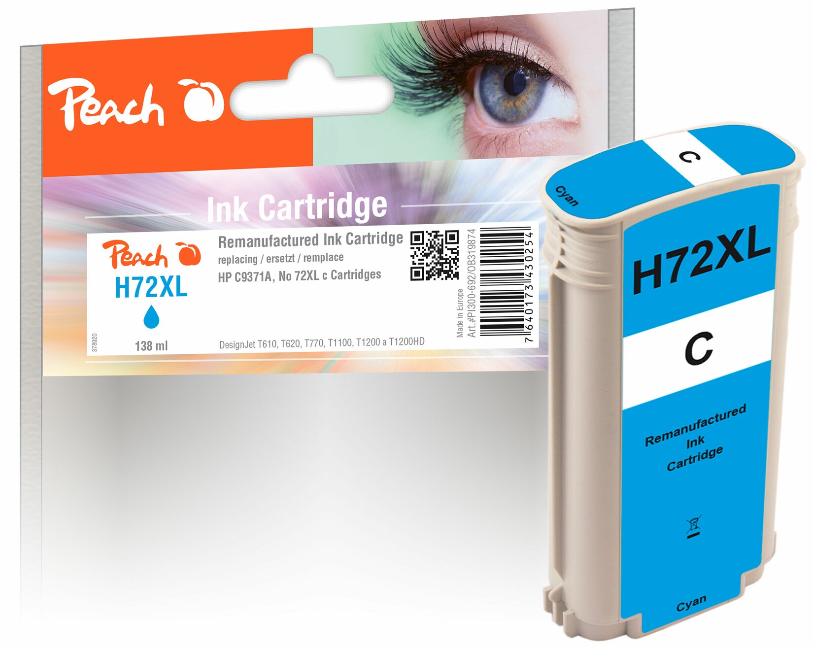 Peach HP 72 XLC Druckerpatrone XL cy ersetzt HP No. 72XL C, C9371A für z.B. HP DesignJet T 1100 24 Inch, HP DesignJet T 1100 44 Inch, HP DesignJet T 610 (wiederaufbereitet)