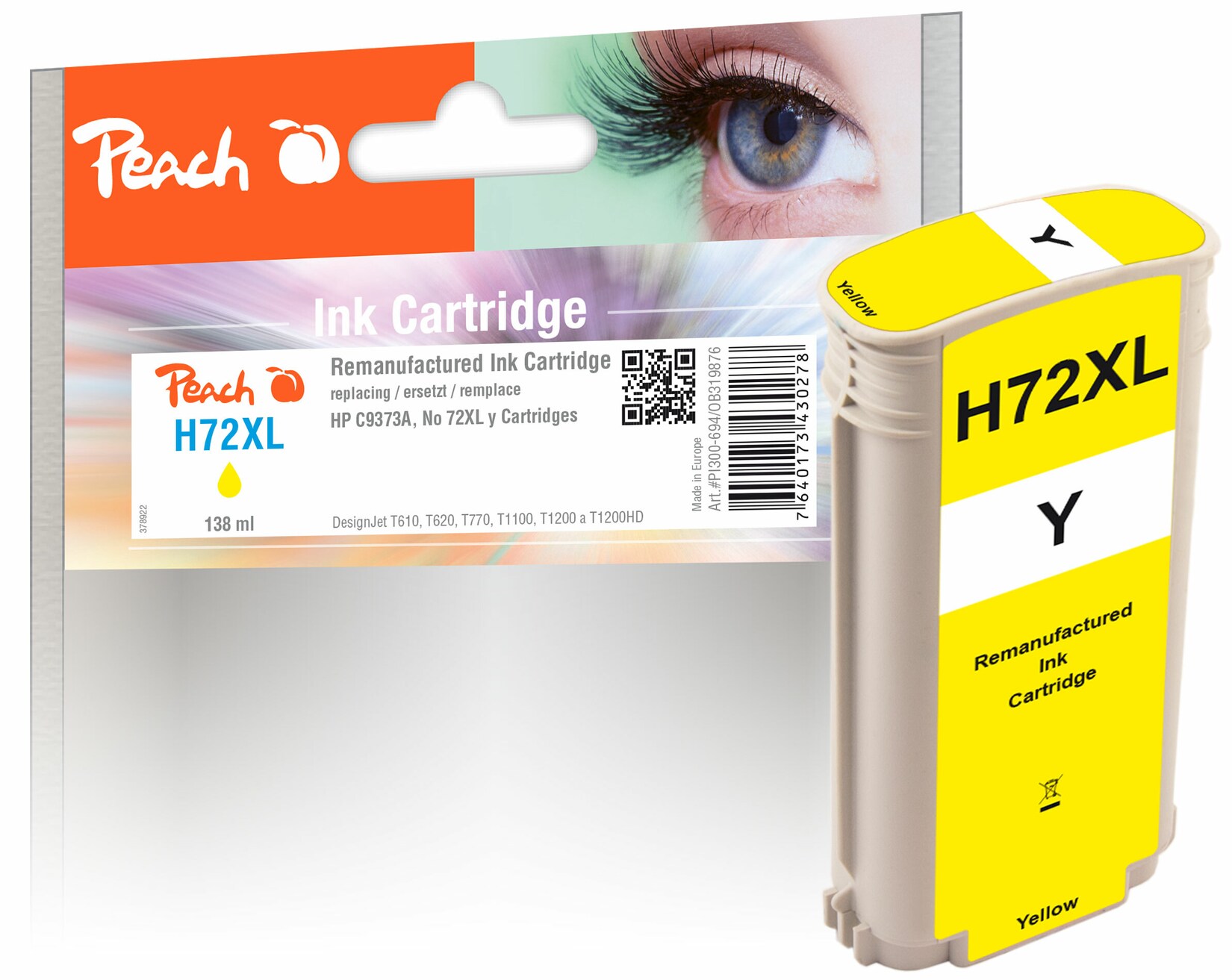 Peach HP 72 XLY Druckerpatrone XL ye ersetzt HP No. 72XL Y, C9373A für z.B. HP DesignJet T 1100 24 Inch, HP DesignJet T 1100 44 Inch, HP DesignJet T 610 (wiederaufbereitet)