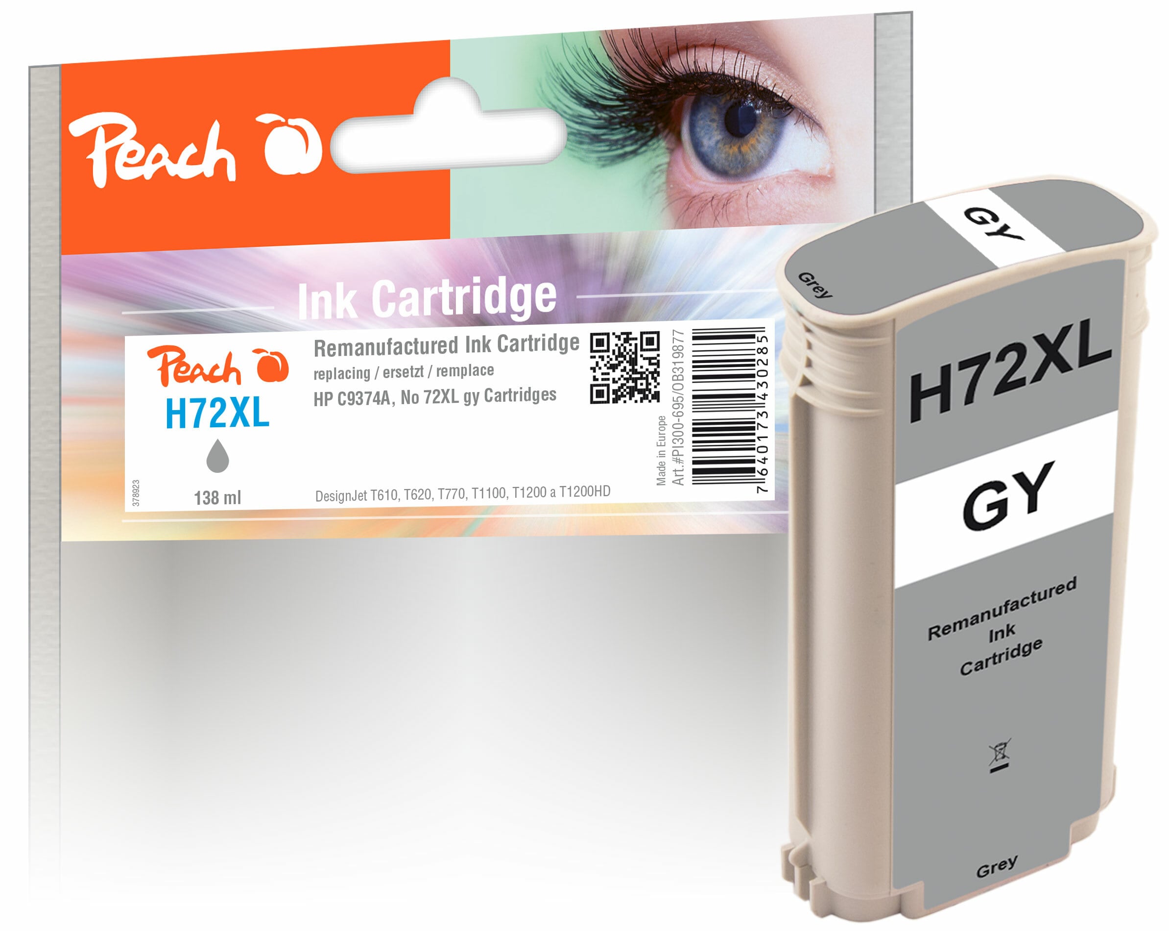 Peach HP 72 XLGY Druckerpatrone XL gy ersetzt HP No. 72XL GY, C9374A f&uuml;r z.B. HP DesignJet T 1100 24 Inch, HP DesignJet T 1100 44 Inch (wiederaufbereitet) - Bild 1