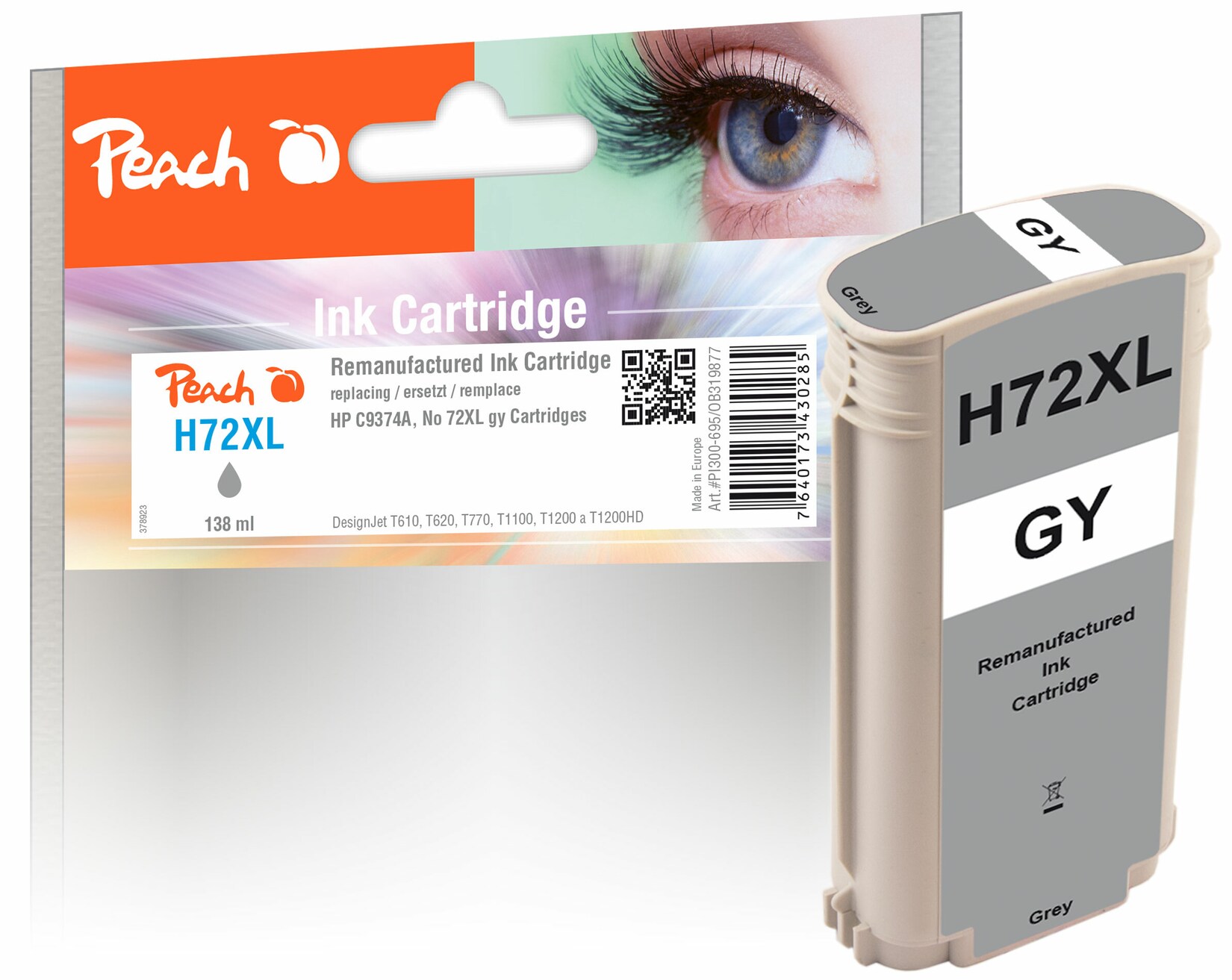 Peach HP 72 XLGY Druckerpatrone XL gy ersetzt HP No. 72XL GY, C9374A für z.B. HP DesignJet T 1100 24 Inch, HP DesignJet T 1100 44 Inch (wiederaufbereitet)