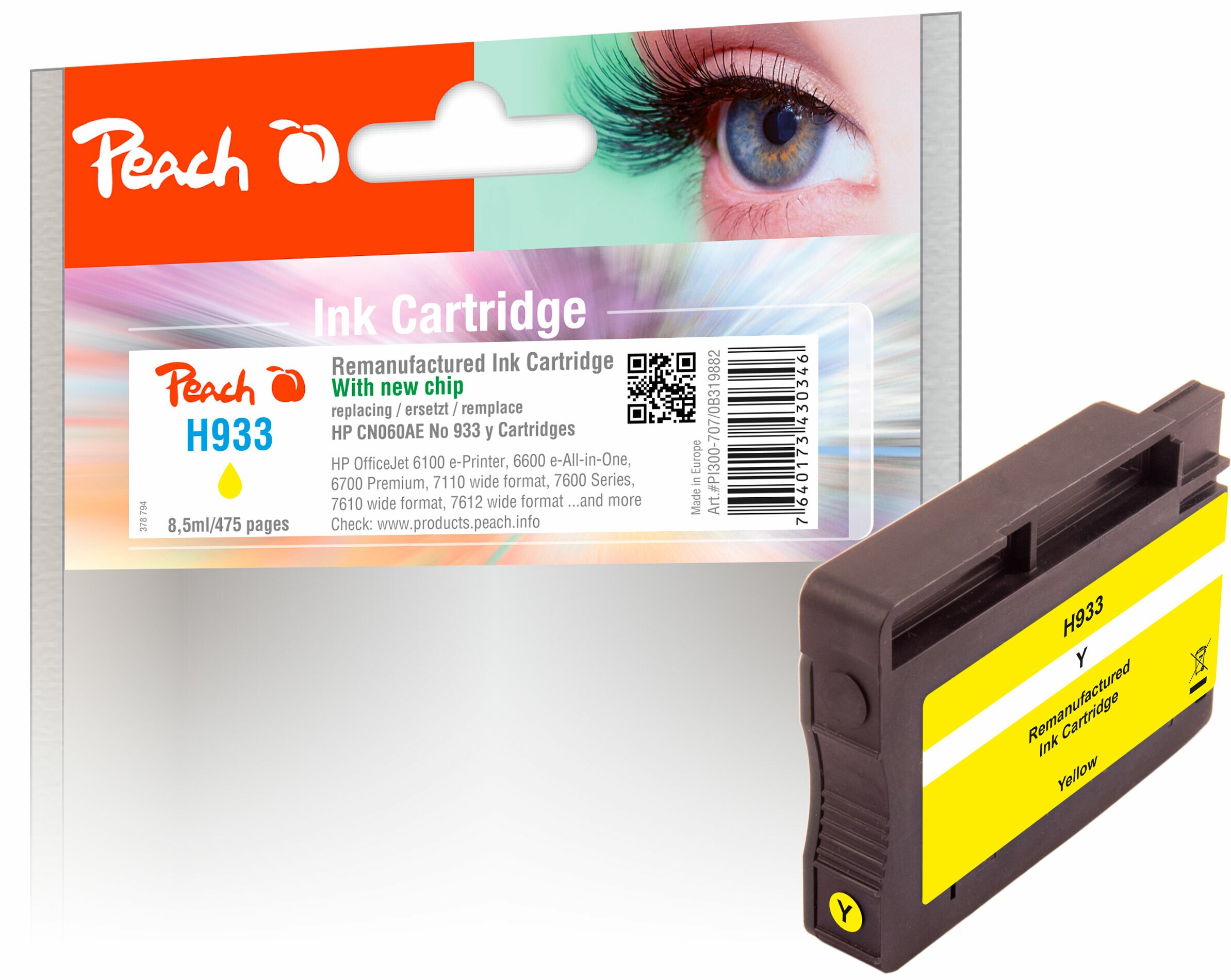 Peach HP 933 y Druckerpatrone ye ersetzt HP No. 933 y, CN060A f&uuml;r z.B. HP OfficeJet 6700 Premium, HP OfficeJet 6600 e-All-in-One, HP OfficeJet 7110 (wiederaufbereitet) - Bild 1