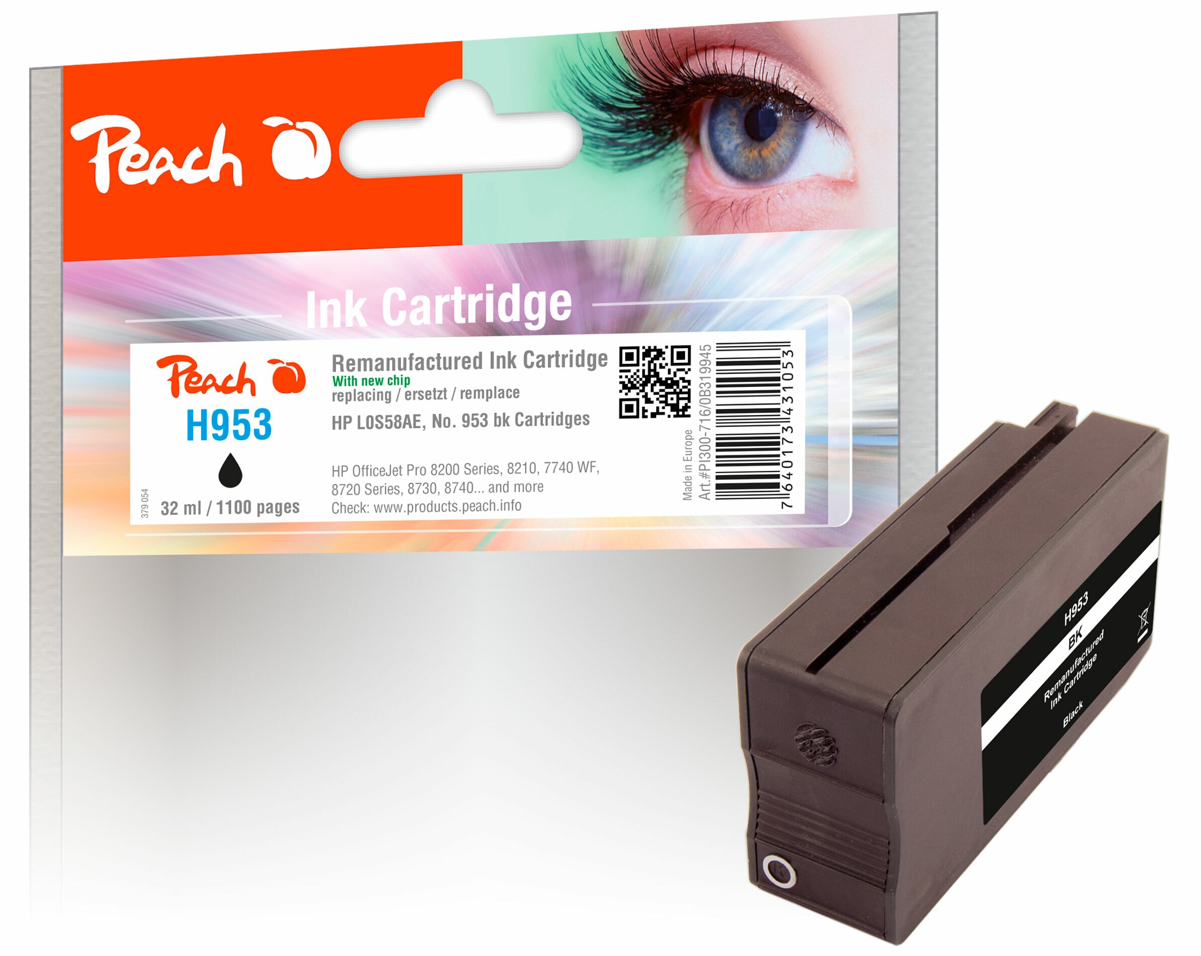 Peach HP 953 bk Druckerpatrone bk ersetzt HP No. 953 bk, L0S58AE f&uuml;r z.B. HP OfficeJet Pro 8210, HP OfficeJet Pro 7740 WF, HP OfficeJet Pro 8730 (wiederaufbereitet) - Bild 1