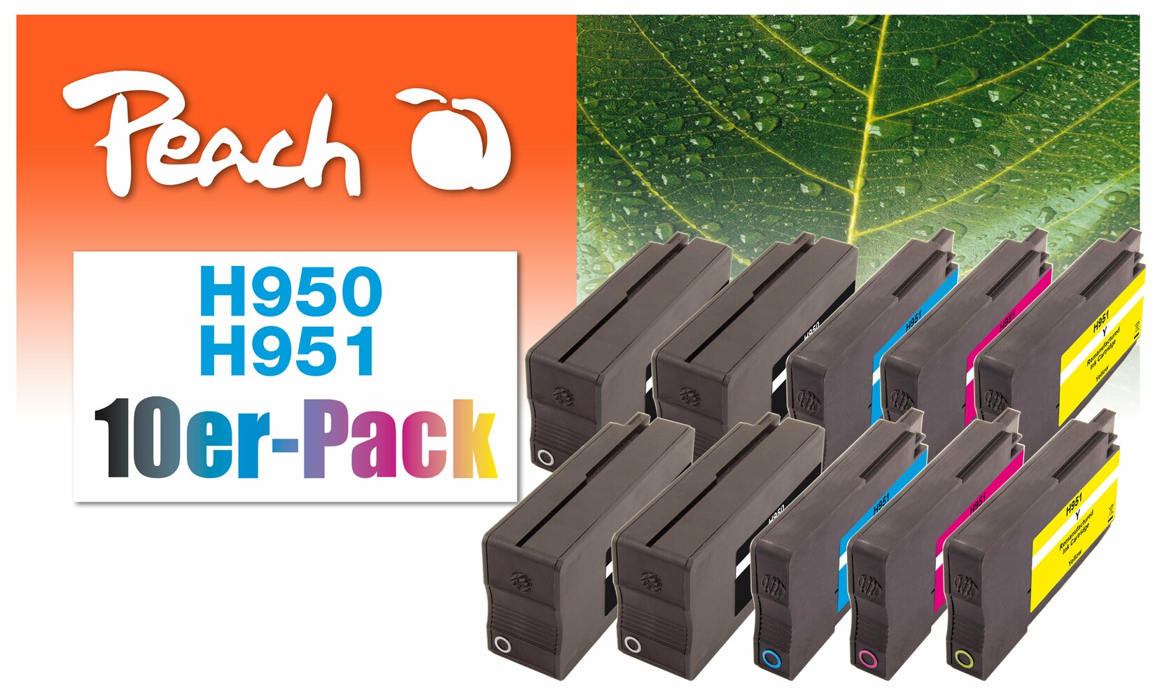Peach HP 950  10 Druckerpatronen (2*bk, bk, c/m/y) ersetzt HP No. 950, No. 951, CN049A, CN050A, CN051A, CN052A für z.B. HP OfficeJet Pro 8610 e-All-in-One (wiederaufbereitet) | 07640173432371