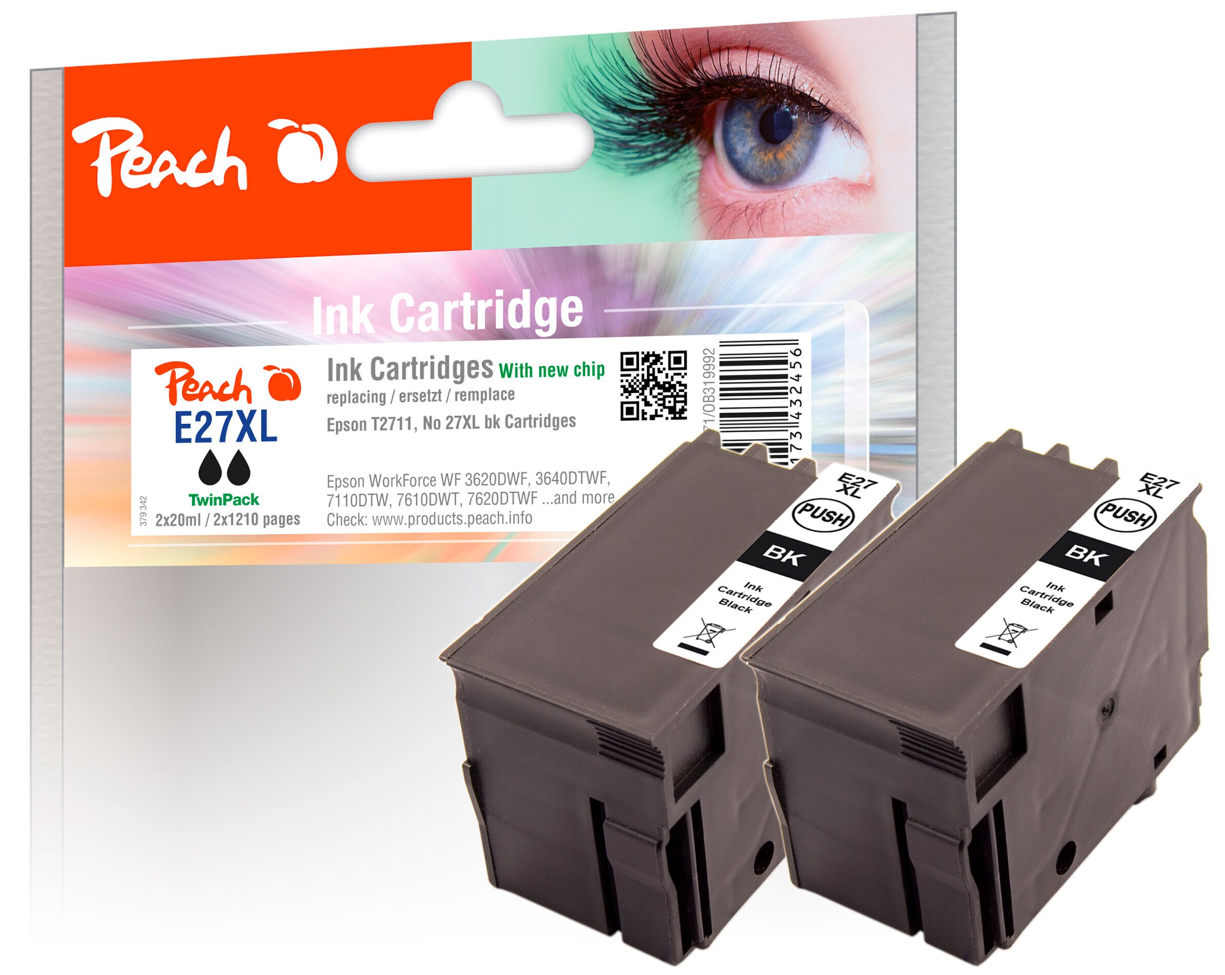 Peach E27  2 Druckerpatronen XL 2*bk ersetzt Epson T2711*2, No. 27XL bk*2, C13T27114010*2 f&uuml;r z.B. Epson WorkForce WF -3600, Epson WorkForce WF -7600 - Bild 1