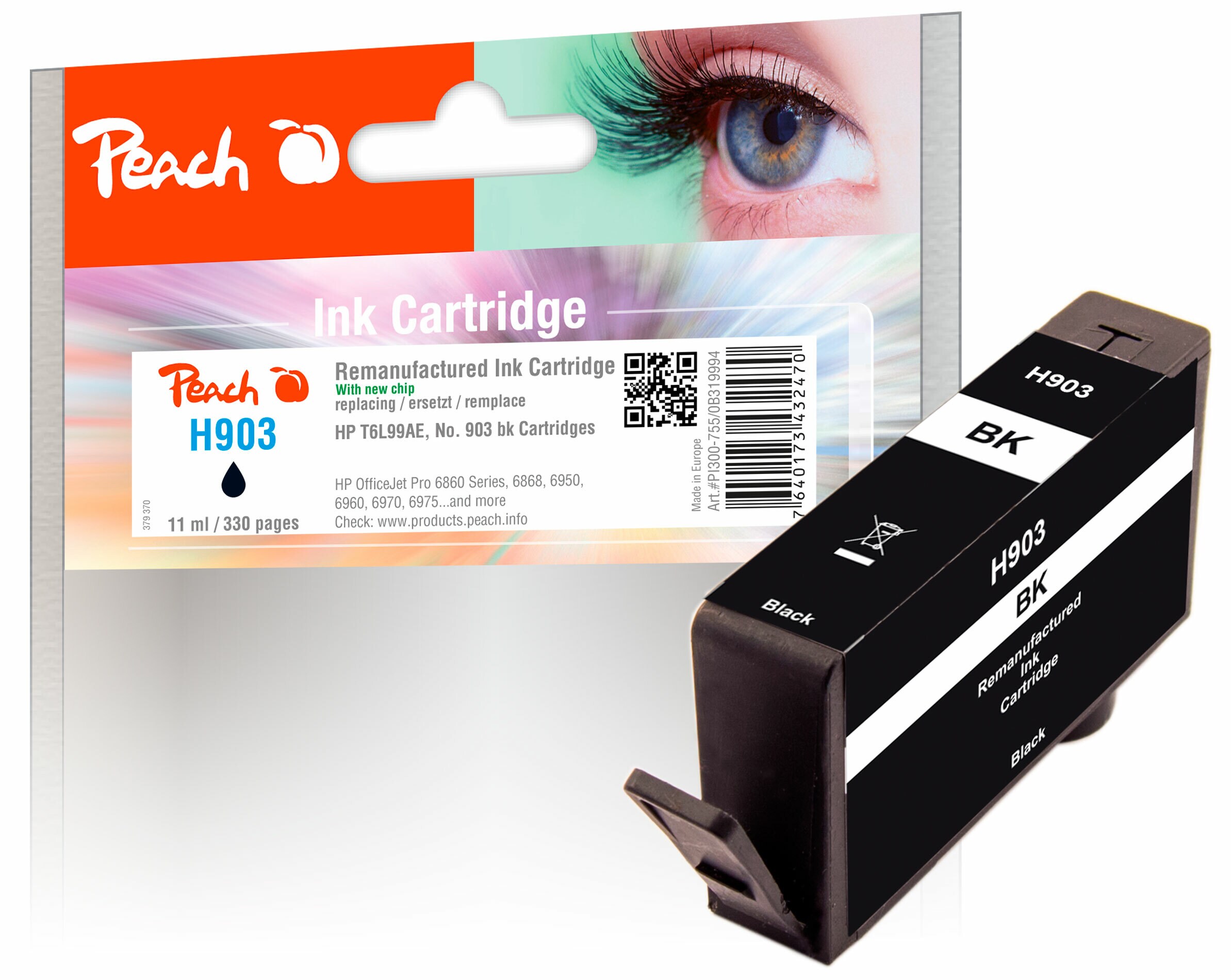 Peach HP 903 bk Druckerpatrone bk ersetzt HP No. 903 bk, T6L99AE f&uuml;r z.B. HP OfficeJet Pro 6970, HP OfficeJet 6950, HP OfficeJet Pro 6960 (wiederaufbereitet) - Bild 1