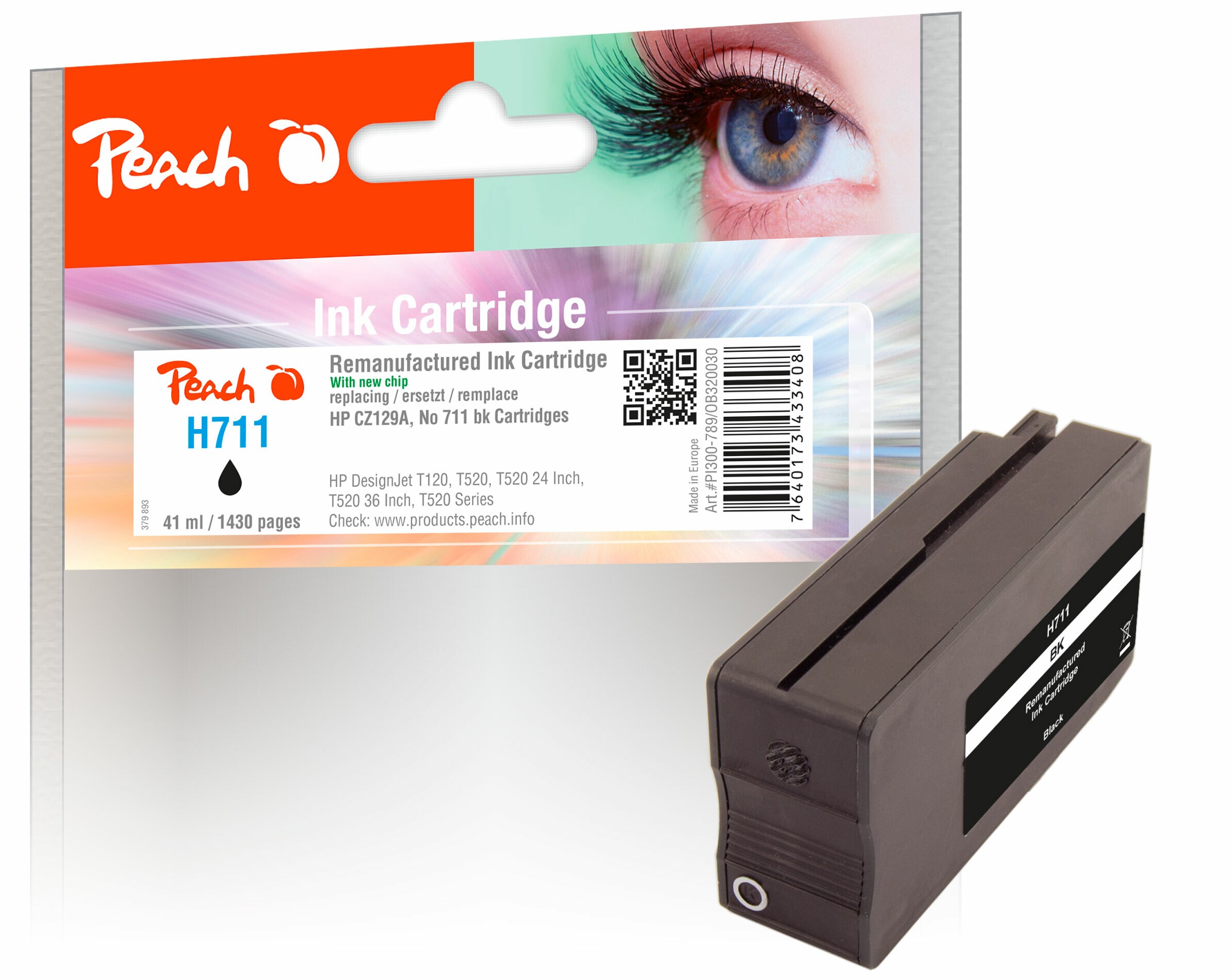 Peach HP 711 BK Druckerpatrone bk ersetzt HP No. 711 BK, CZ129AE f&uuml;r z.B. HP DesignJet T 520 36 Inch, HP DesignJet T 120, HP DesignJet T 520 (wiederaufbereitet) - Bild 1