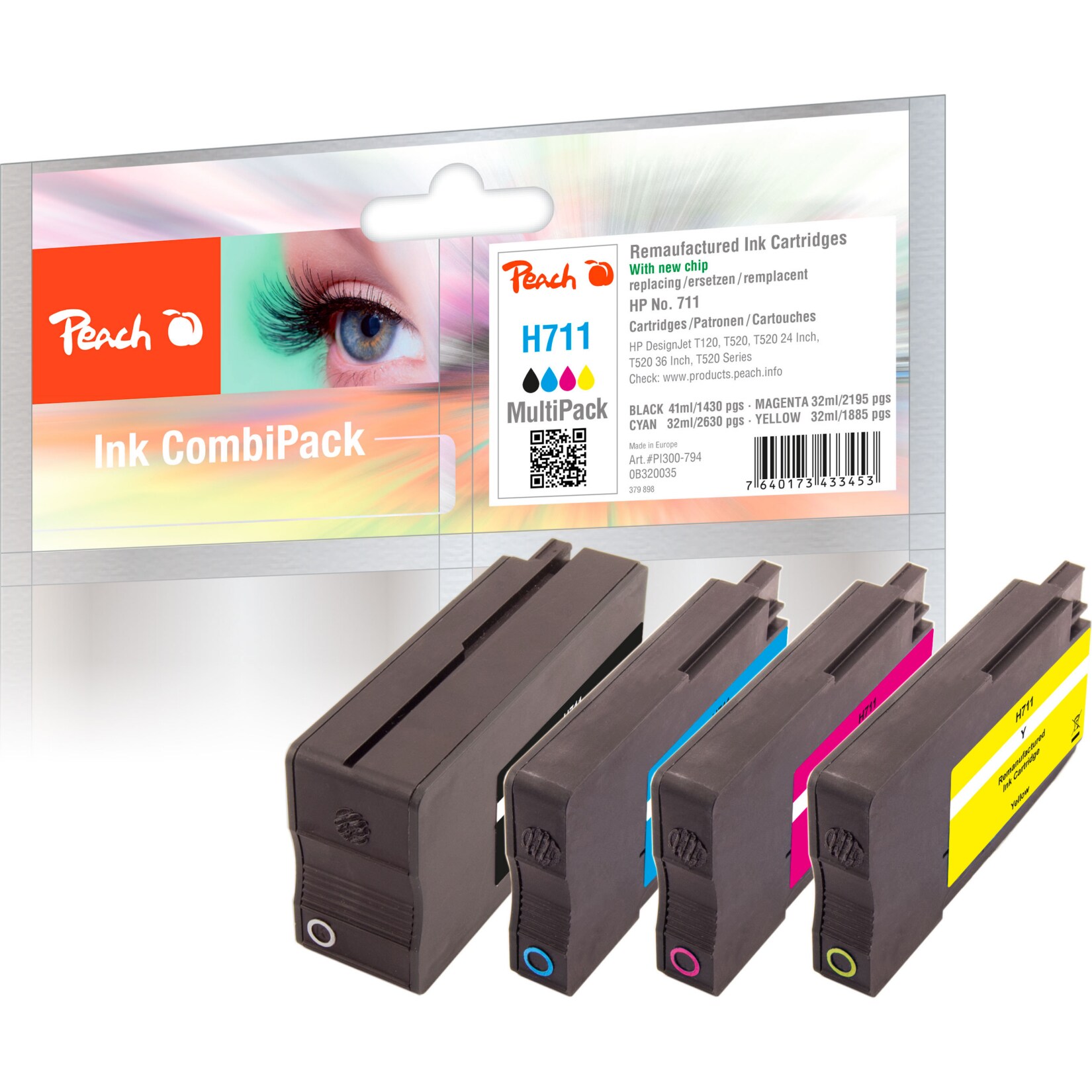 Peach HP 711  4 Druckerpatronen (bk, c/m/y) ersetzt HP No. 711, CZ129AE, CZ130AE, CZ131AE, CZ132AE f&uuml;r z.B. HP DesignJet T 520 36 Inch (wiederaufbereitet) - Bild 1