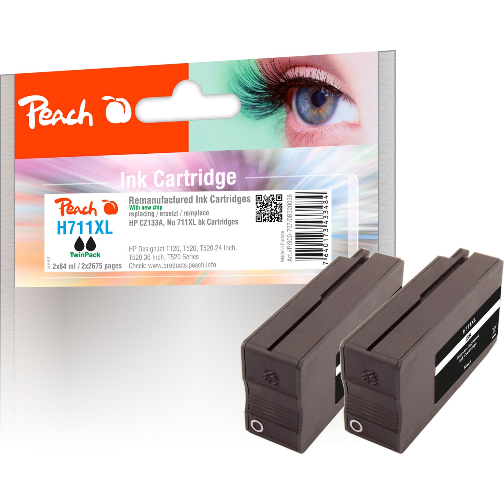 Peach HP 711 XLBK 2 Druckerpatrone XL 2*bk ersetzt HP No. 711XL BK*2, CZ133AE*2 f&uuml;r z.B. HP DesignJet T 520 36 Inch, HP DesignJet T 120 (wiederaufbereitet) - Bild 1
