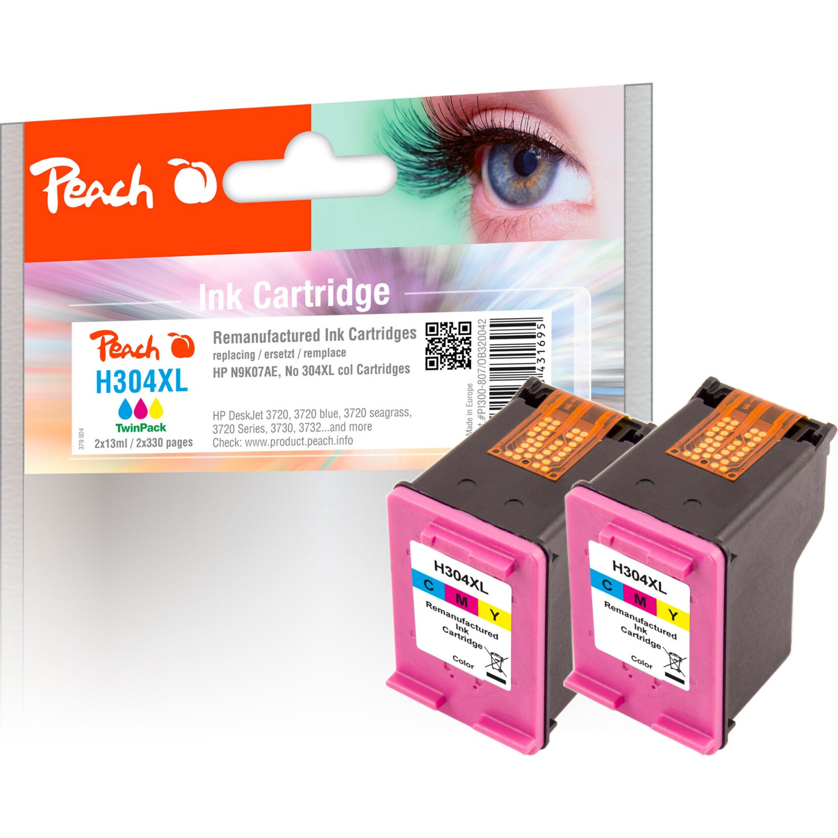 Peach HP 304 XLC 2 Druckköpfe XL 2*col ersetzt HP No. 304XL C*2, N9K07AE*2 für z.B. HP DeskJet Ink Advantage 3700 MFP, HP DeskJet 3760, HP DeskJet 3750 (wiederaufbereitet) | 07640173431695