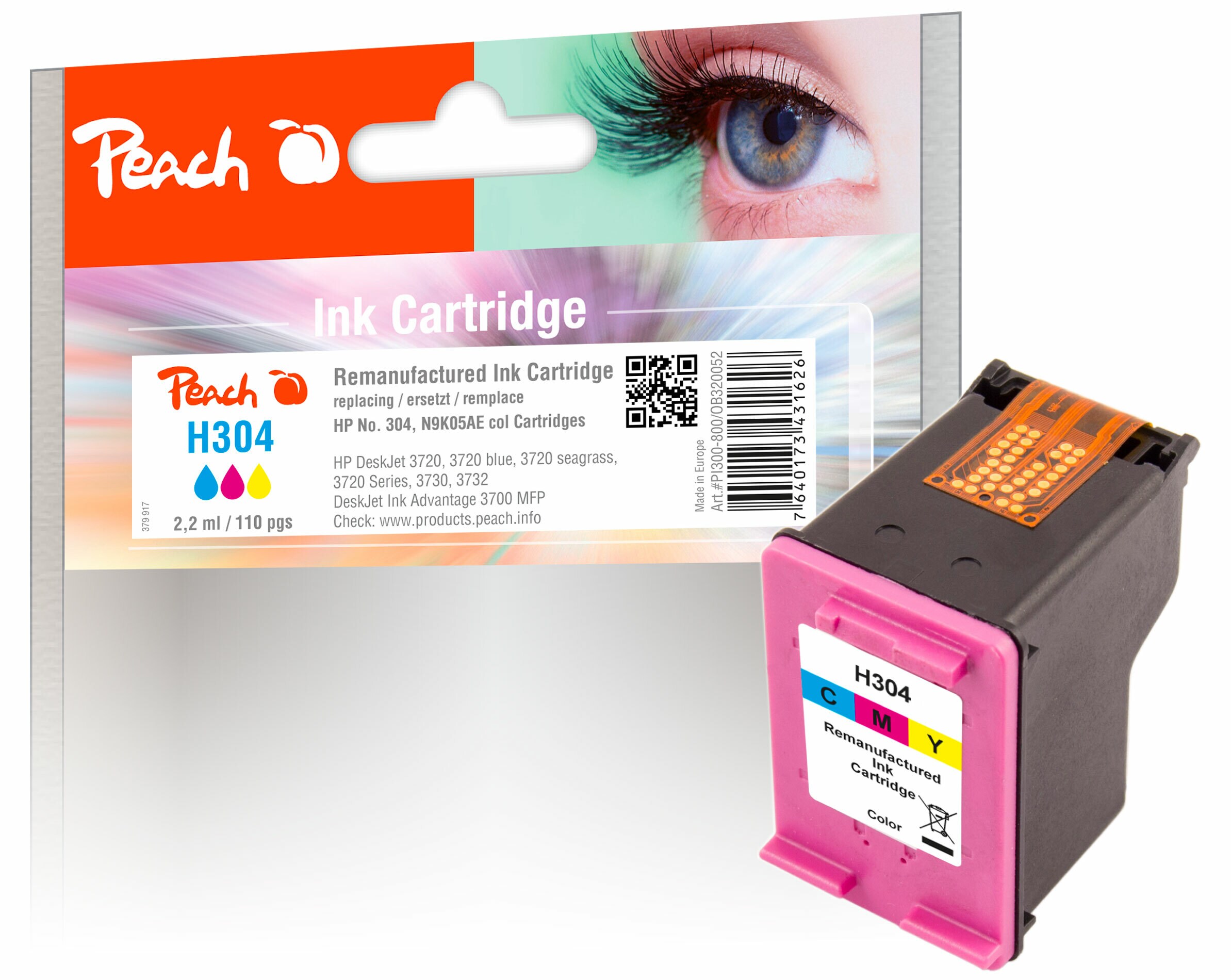 Peach HP 304 C Druckkopf col ersetzt HP No. 304 C, N9K05AE f&uuml;r z.B. HP DeskJet 3720, HP DeskJet 3750, HP DeskJet 3730, HP DeskJet Ink Advantage 3700 MFP (wiederaufbereitet) - Bild 1