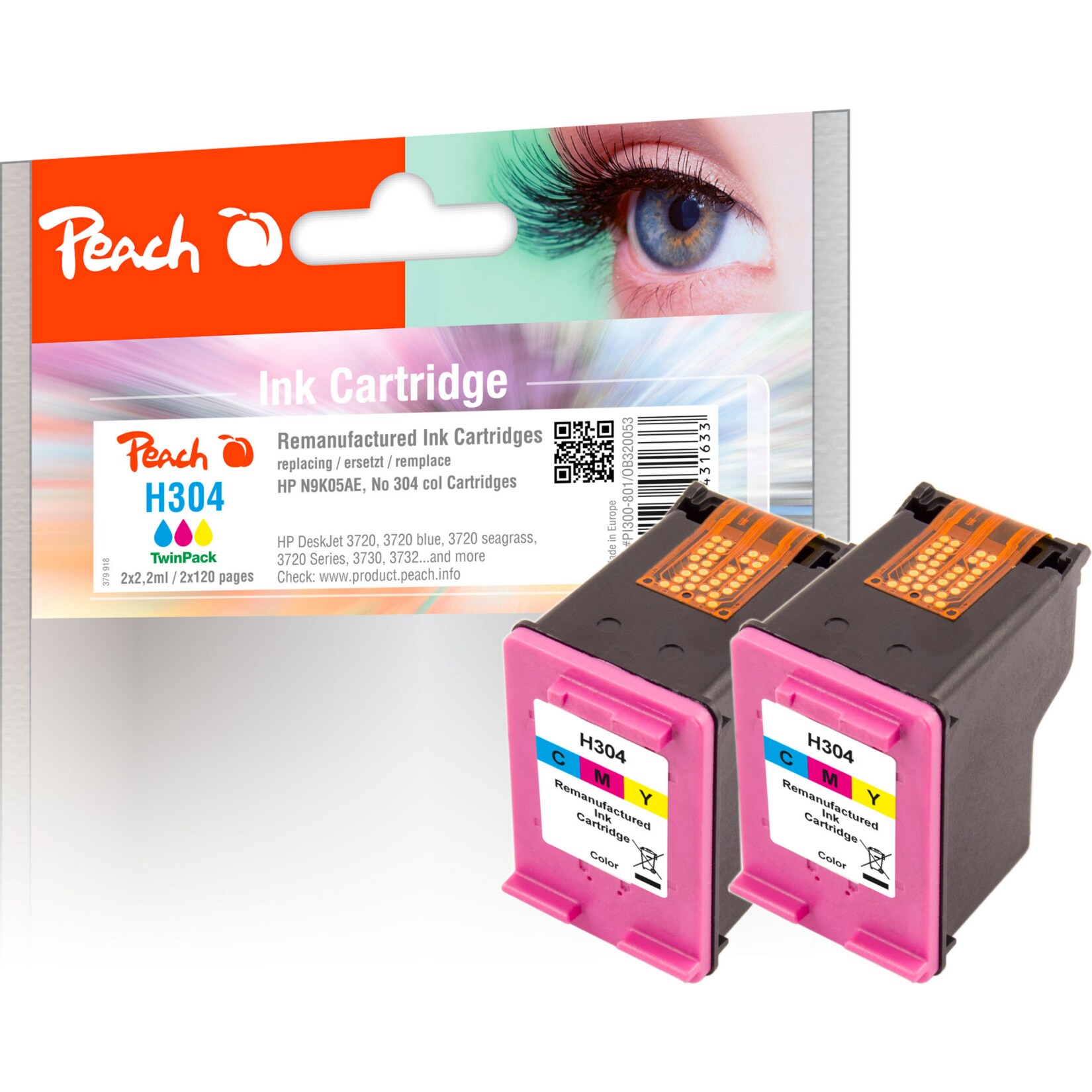 Peach HP 304 C 2 Druckk&ouml;pfe 2*col ersetzt HP No. 304 C*2, N9K05AE*2 f&uuml;r z.B. HP DeskJet 3720, HP DeskJet 3750, HP DeskJet 3730, HP DeskJet 3732 (wiederaufbereitet) - Bild 1