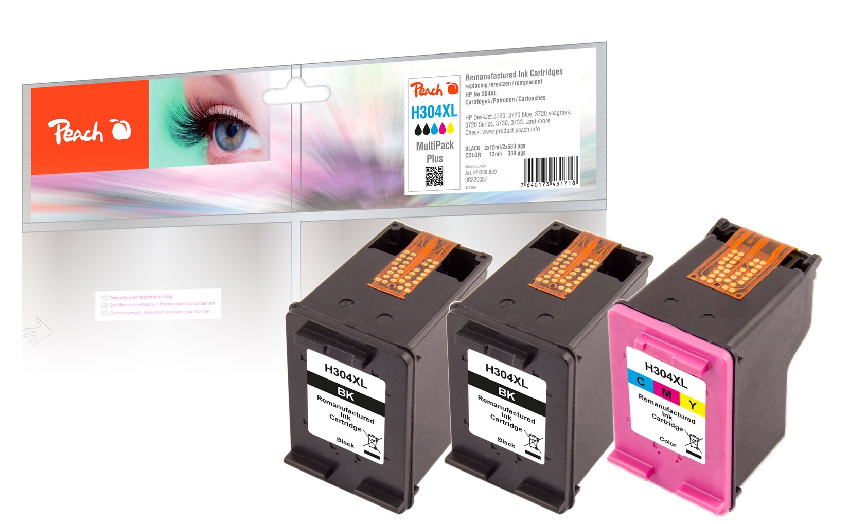 Peach HP 304 XL 3 Druckköpfe XL (2*bk, col) ersetzt HP No. 304XL, N9K08AE*2, N9K07AE für z.B. HP DeskJet 3750, HP DeskJet 3720, HP DeskJet 3730 (wiederaufbereitet)