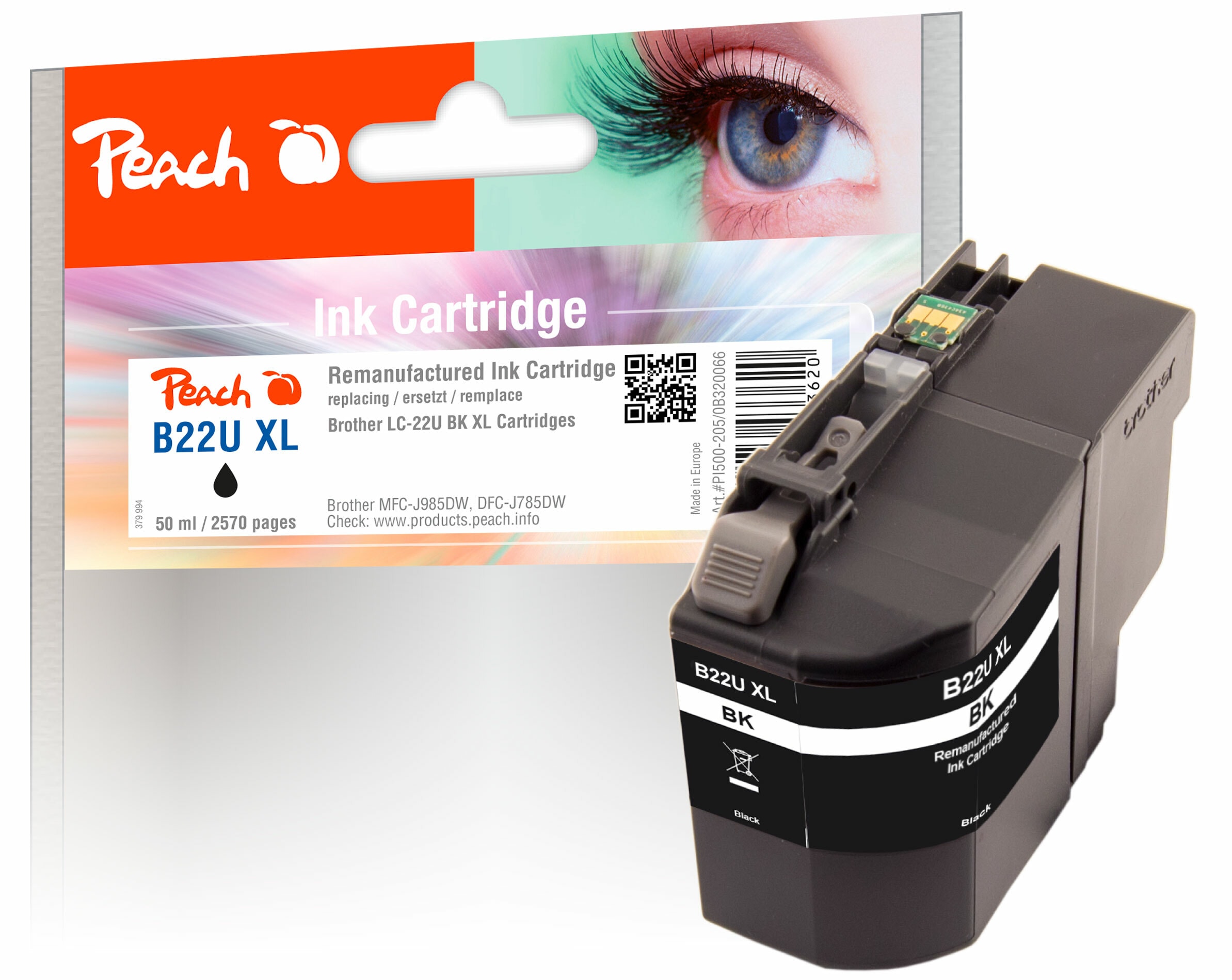 Peach B22 UXLBK Druckerpatrone XL bk ersetzt Brother LC-22UXL BK f&uuml;r z.B. Brother DCPJ 785 DW, Brother MFCJ 985 DW (wiederaufbereitet) - Bild 1