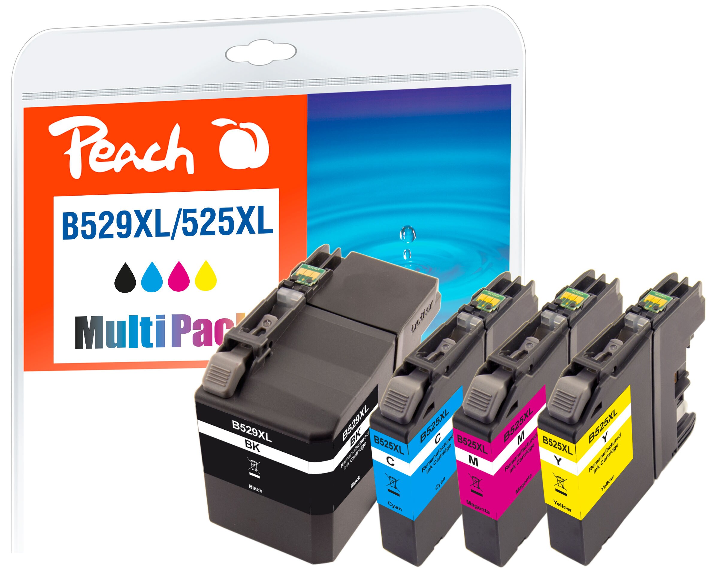 Peach B529  4 Druckerpatronen XL (bk, c/m/y) ersetzt Brother LC-529, LC-525XL f&uuml;r z.B. Brother DCPJ 100, Brother DCPJ 105, Brother MFCJ 200 (wiederaufbereitet) - Bild 1