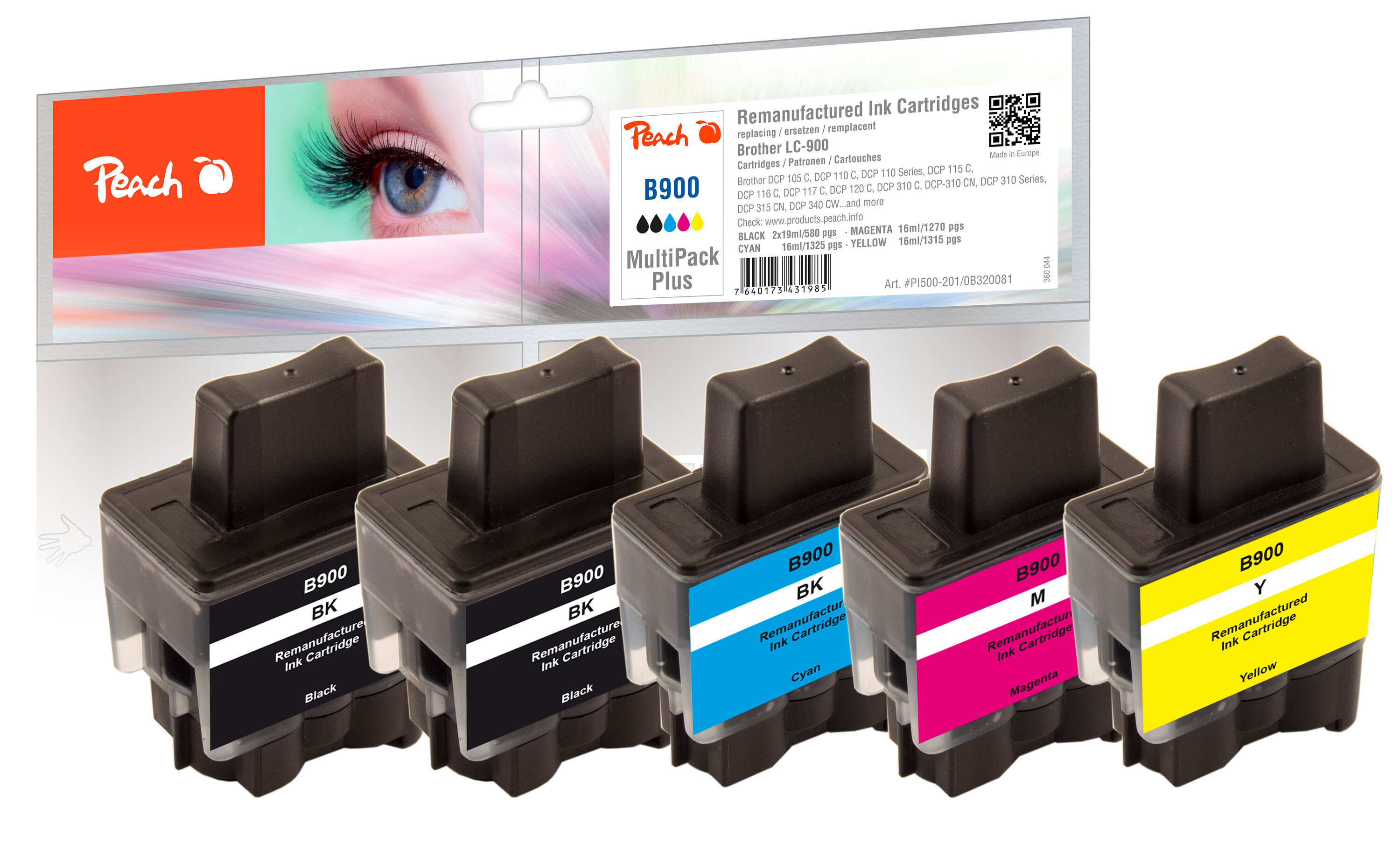Peach B900 VAL 5 Druckerpatronen (2*bk, c/m/y) ersetzt Brother LC-900VAL f&uuml;r z.B. Brother DCP -105 C, Brother DCP -110 C, Brother DCP -110 (wiederaufbereitet) - Bild 1