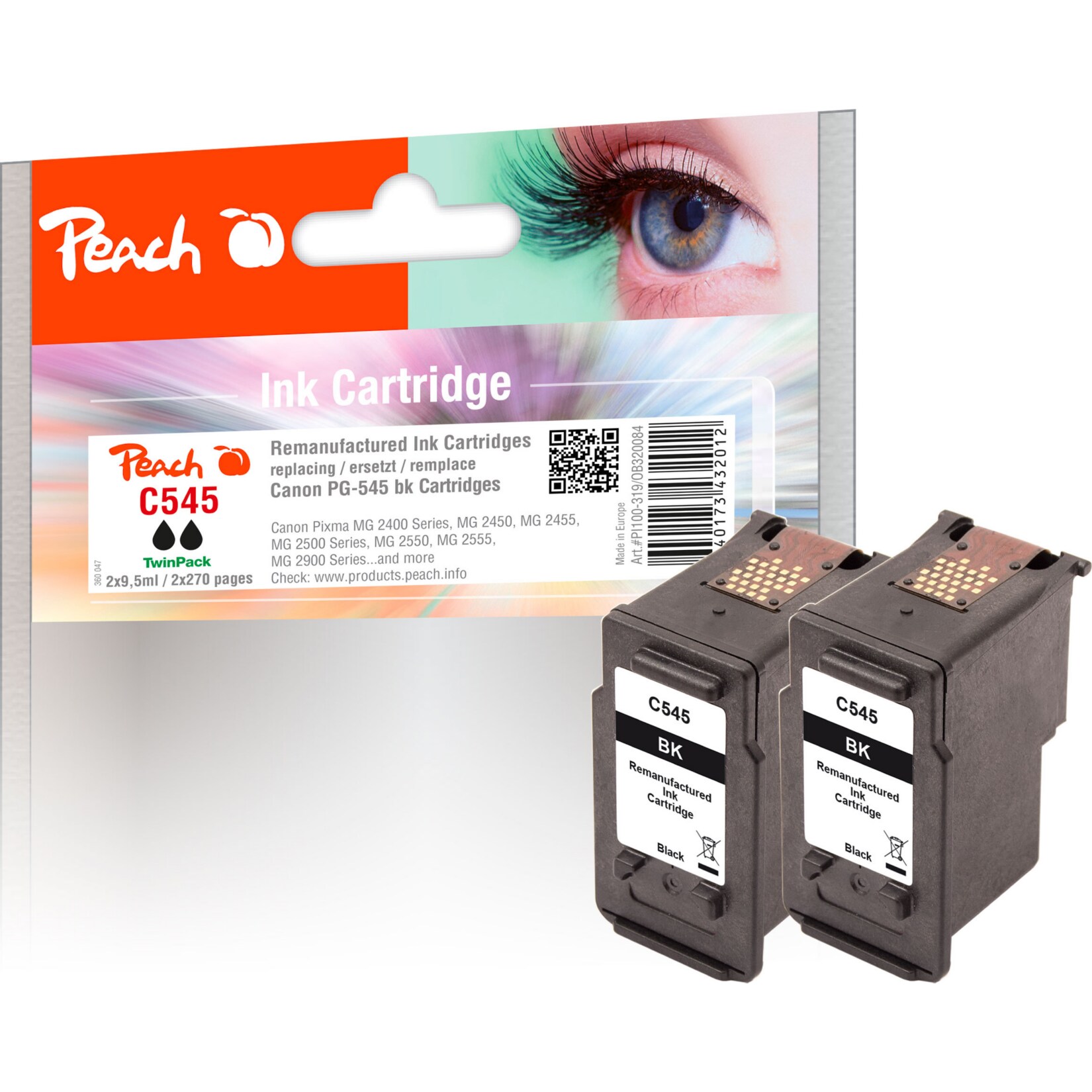 Peach C545  2 Druckk&ouml;pfe 2*bk ersetzt Canon PG-545*2, 8287B001*2 f&uuml;r z.B. Canon Pixma TR 4550, Canon Pixma MX 495, Canon Pixma TS 3350 (wiederaufbereitet) - Bild 1
