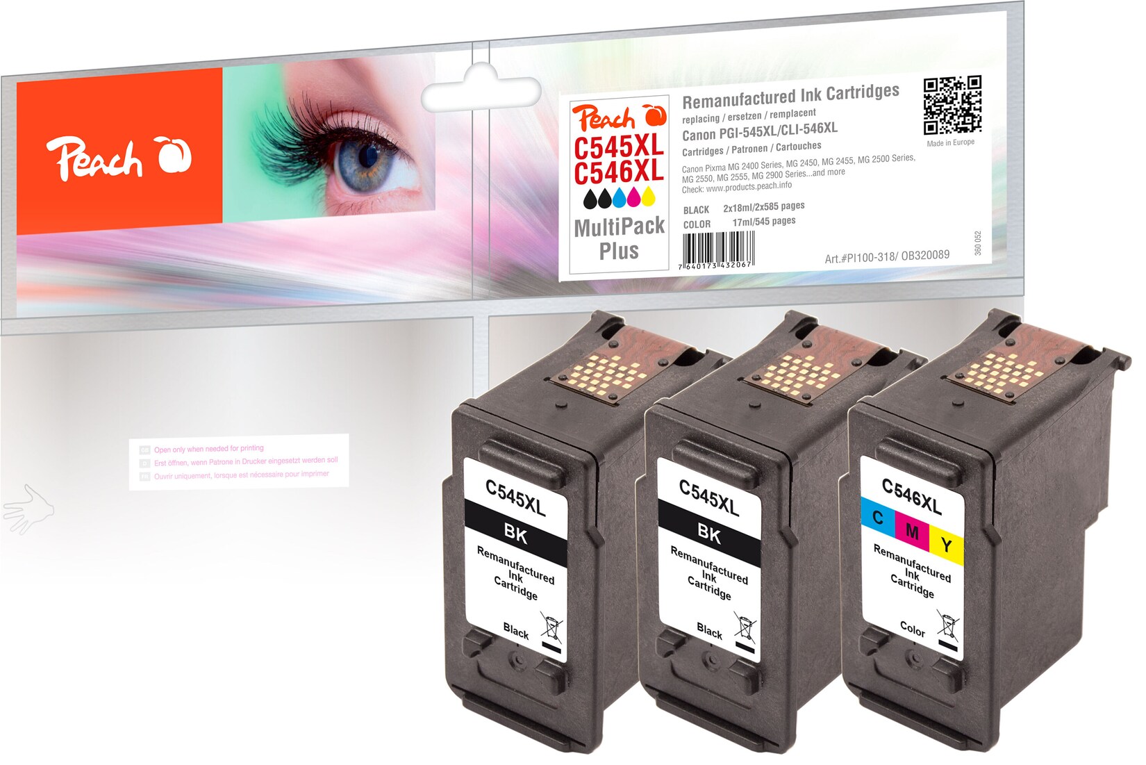 Peach C545 XL 3 Druckköpfe XL (2*bk, col) ersetzt Canon PG-545XL*2, CL-546XL, 8286B013 für z.B. Canon Pixma TS 3350, Canon Pixma TR 4550 (wiederaufbereitet)