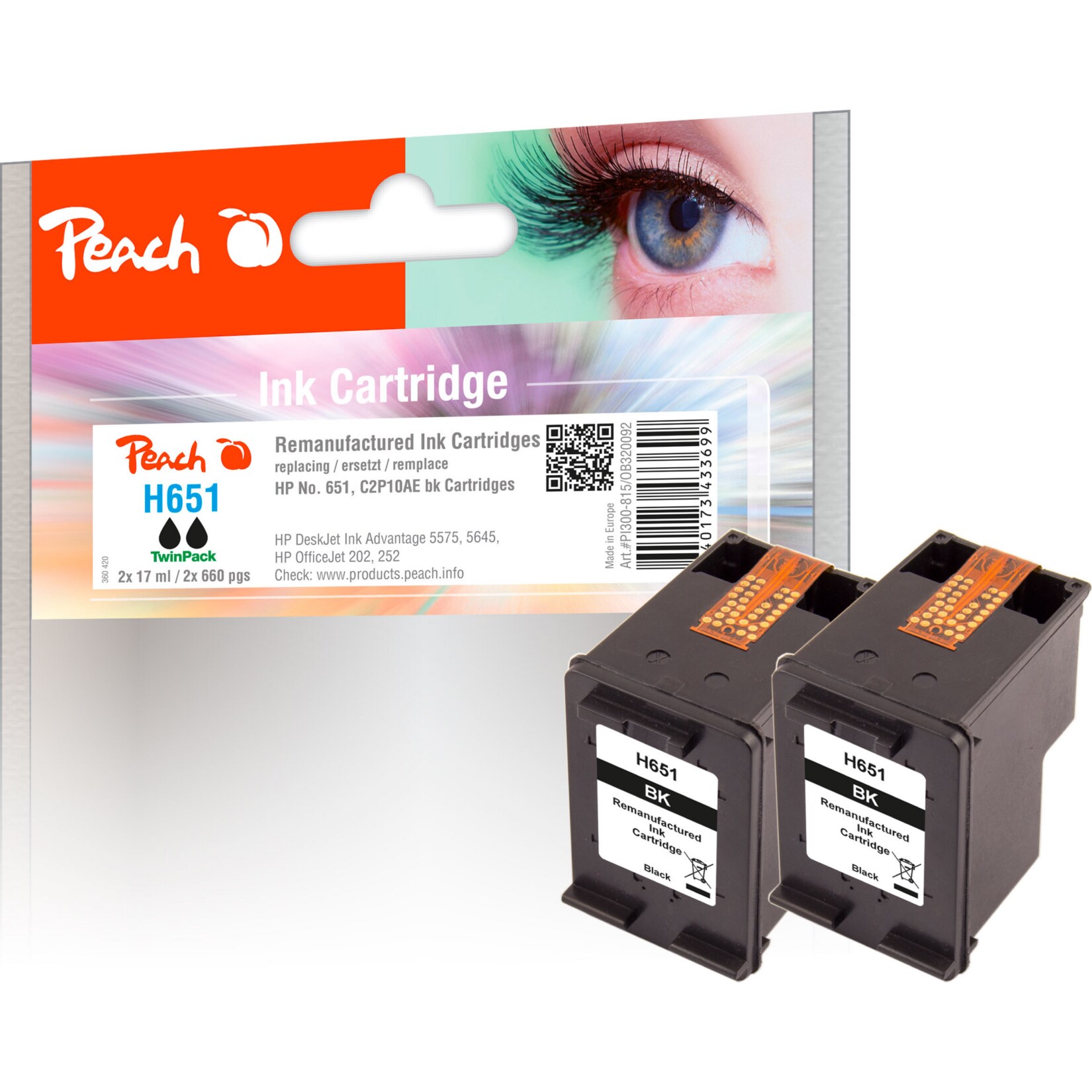 Peach HP 651 bk 2 Druckk&ouml;pfe 2*bk ersetzt HP No. 651 bk*2, C2P10AE*2 f&uuml;r z.B. HP OfficeJet 252 Mobile, HP OfficeJet 202, HP OfficeJet 202 C (wiederaufbereitet) - Bild 1