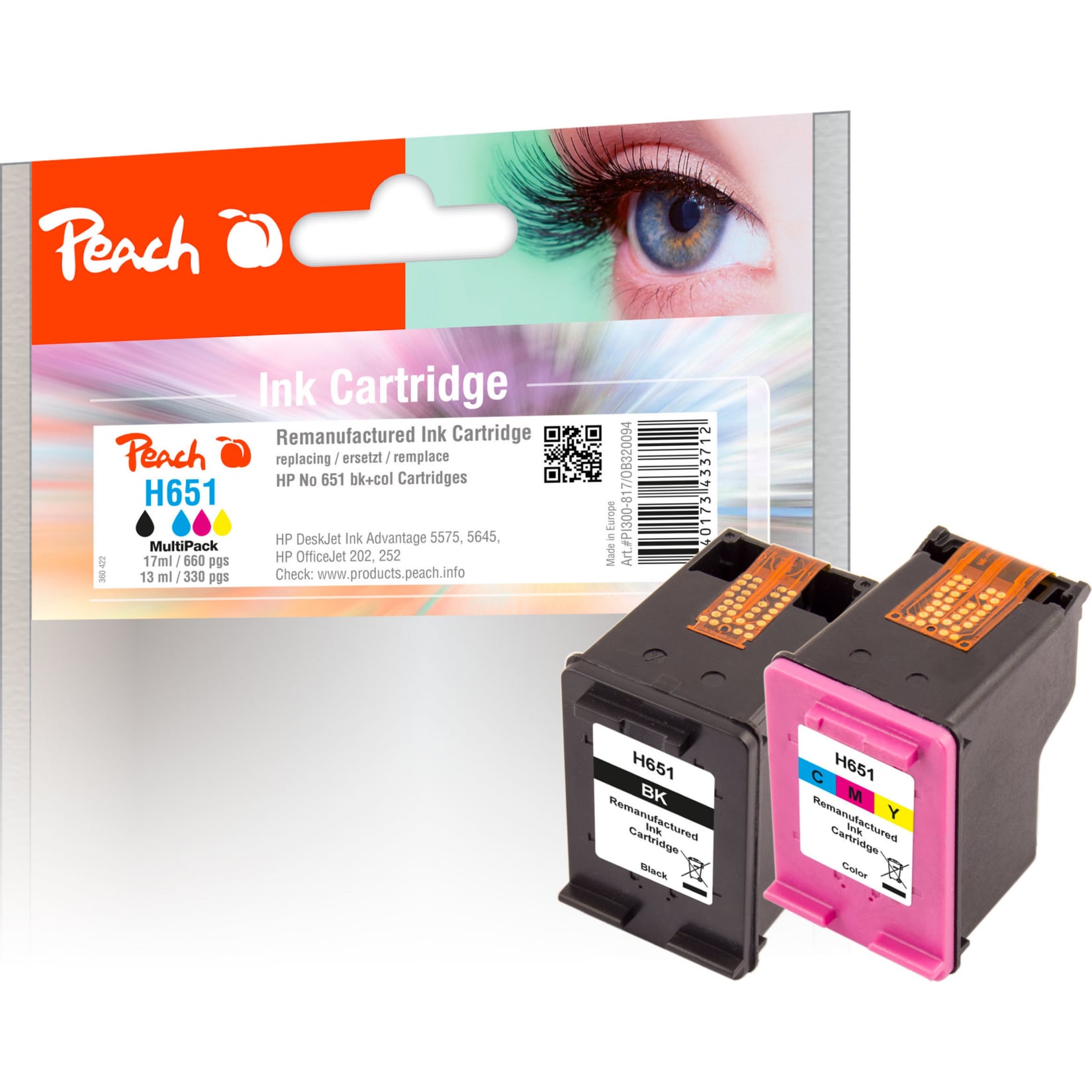 Peach HP 651  2 Druckk&ouml;pfe (bk, col) ersetzt HP No. 651, C2P10AE, C2P11AE f&uuml;r z.B. HP OfficeJet 252 Mobile, HP OfficeJet 202, HP OfficeJet 202 C (wiederaufbereitet) - Bild 1